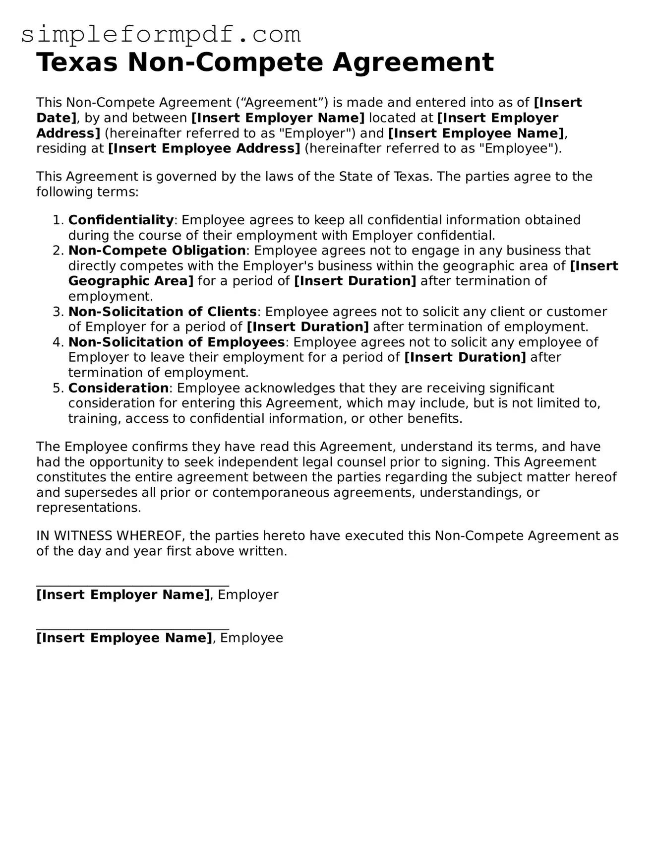 Free Non-compete Agreement Form for the State of Texas
