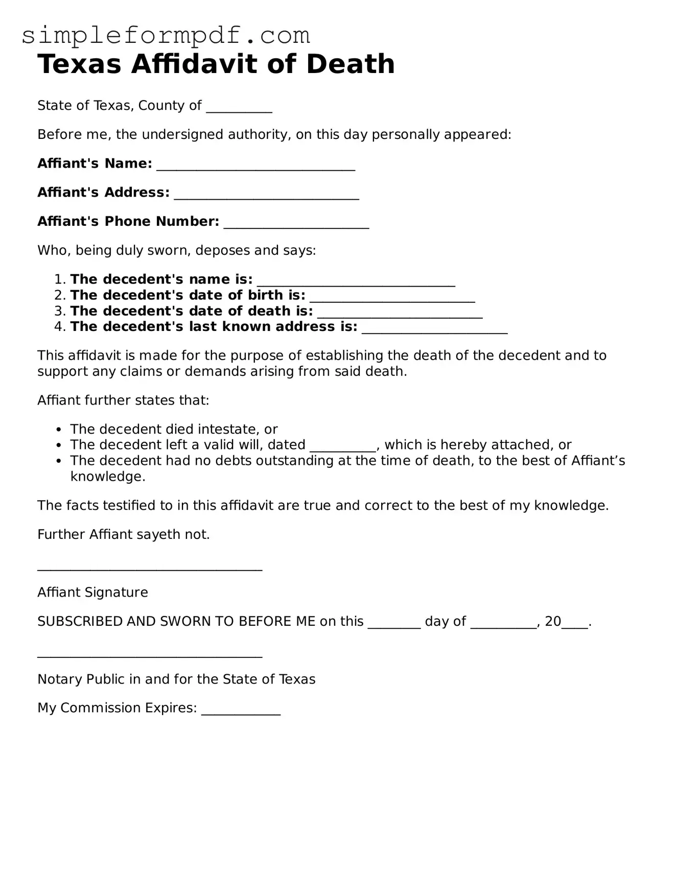 Free Affidavit of Death Form for the State of Texas