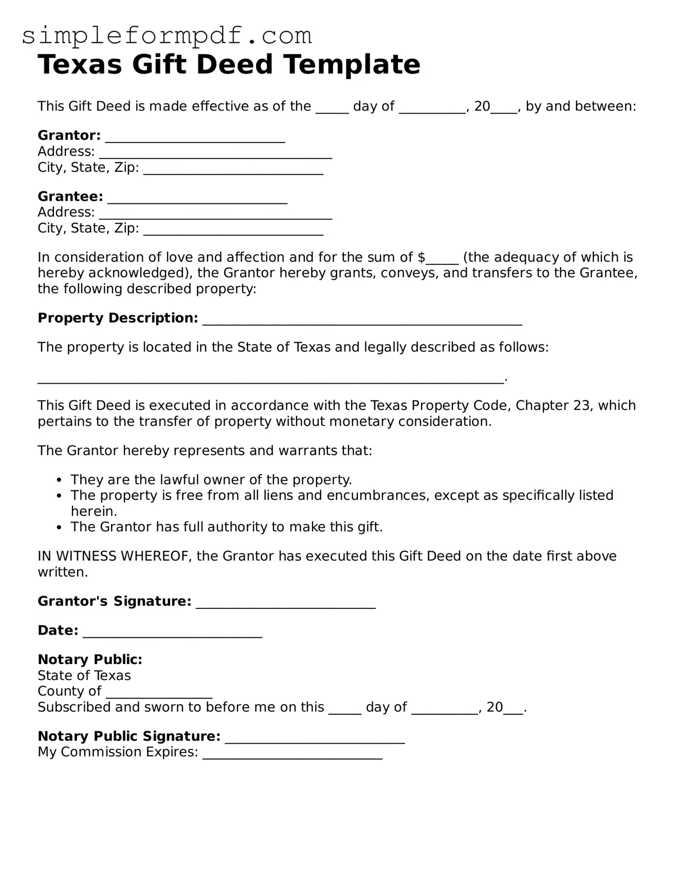 Free Gift Deed Form for the State of Texas