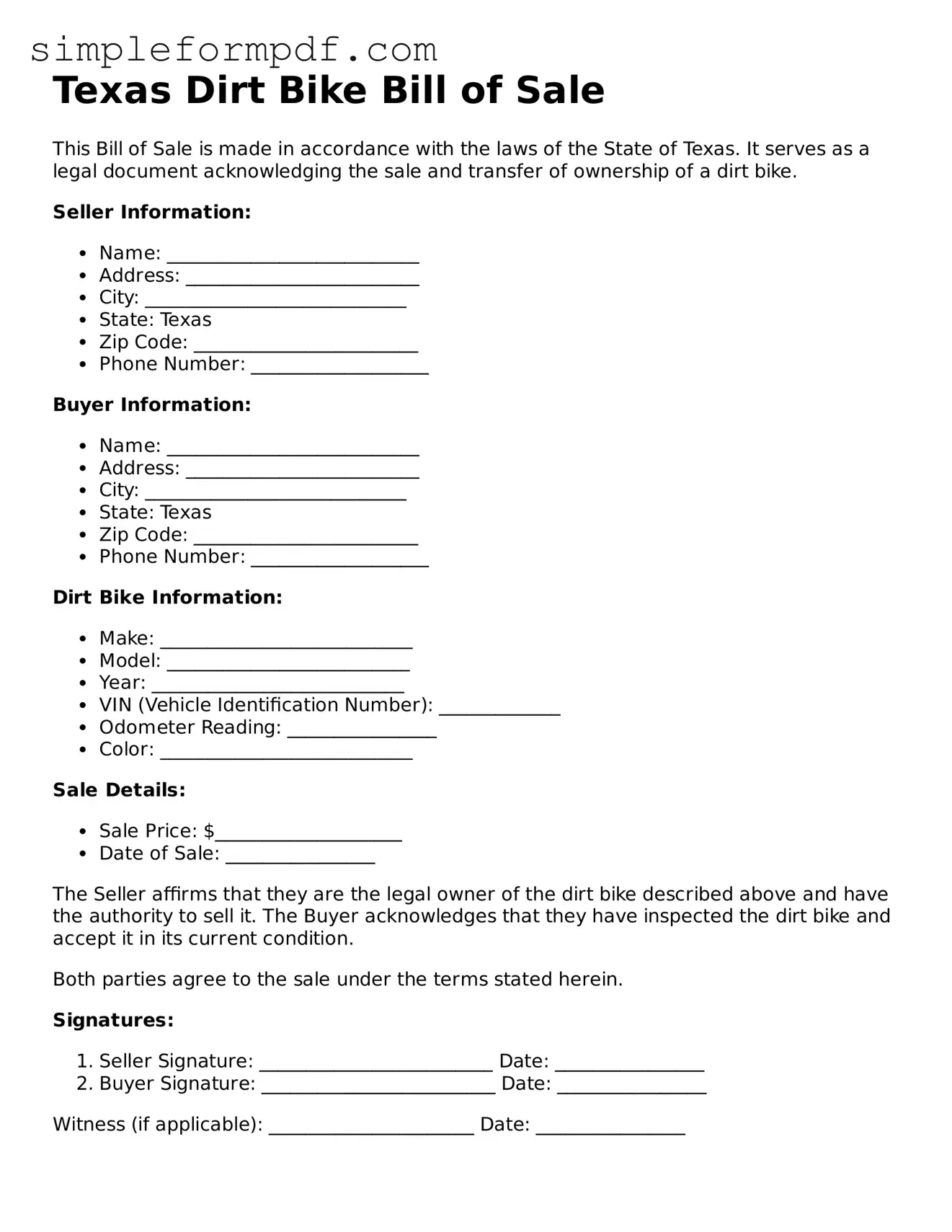 Free Dirt Bike Bill of Sale Form for the State of Texas