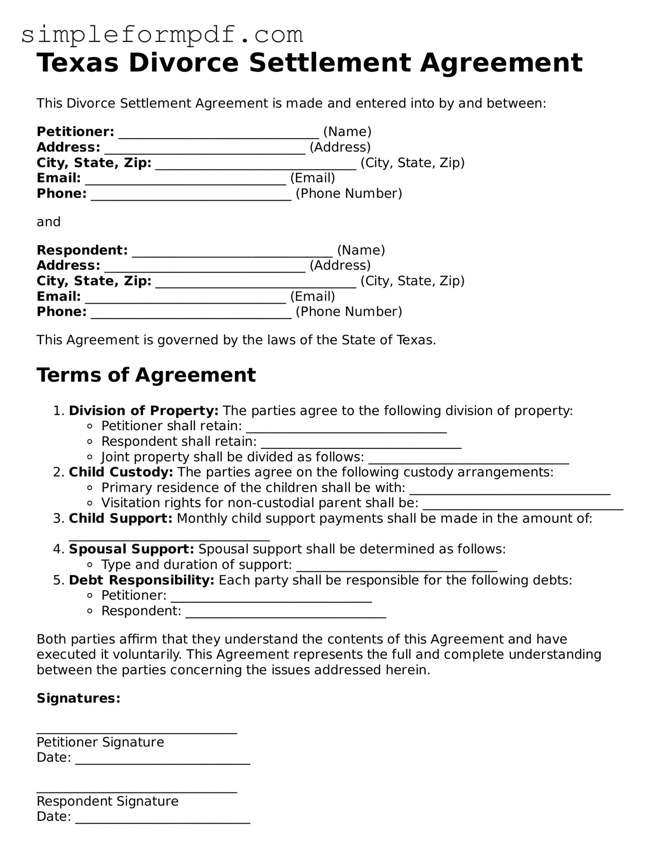 Free Divorce Settlement Agreement Form for the State of Texas
