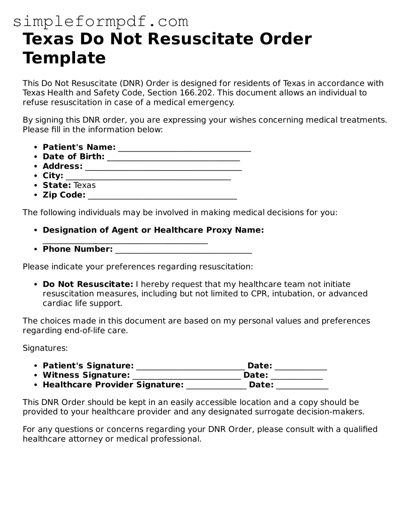Free Do Not Resuscitate Order Form for the State of Texas