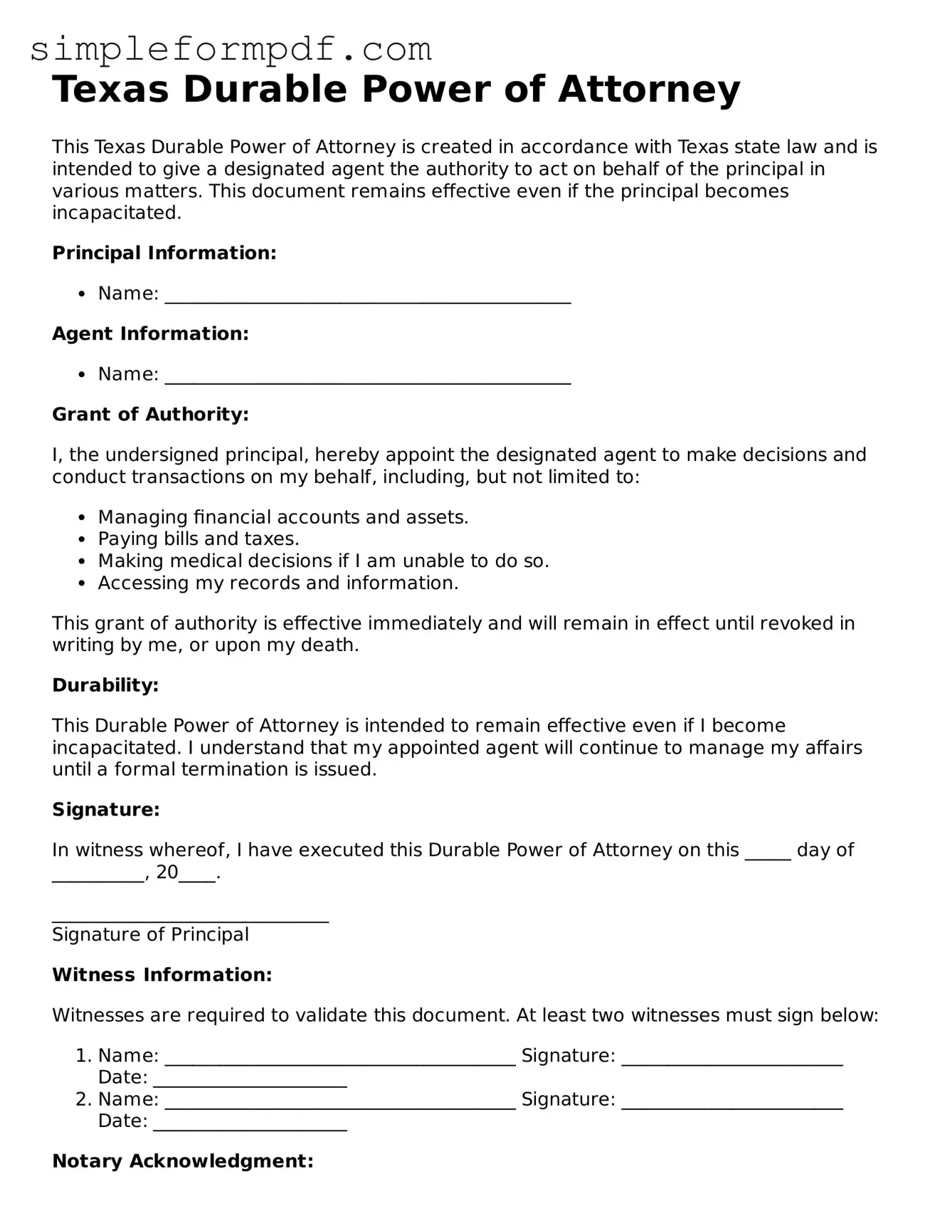 Free Durable Power of Attorney Form for the State of Texas