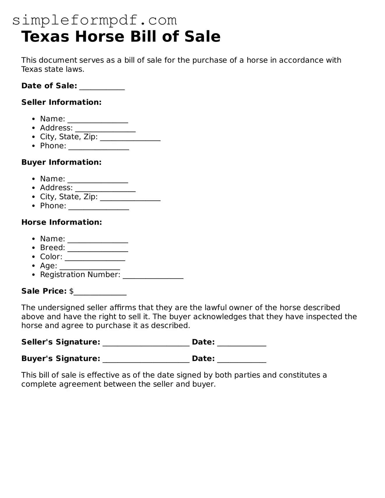 Free Horse Bill of Sale Form for the State of Texas