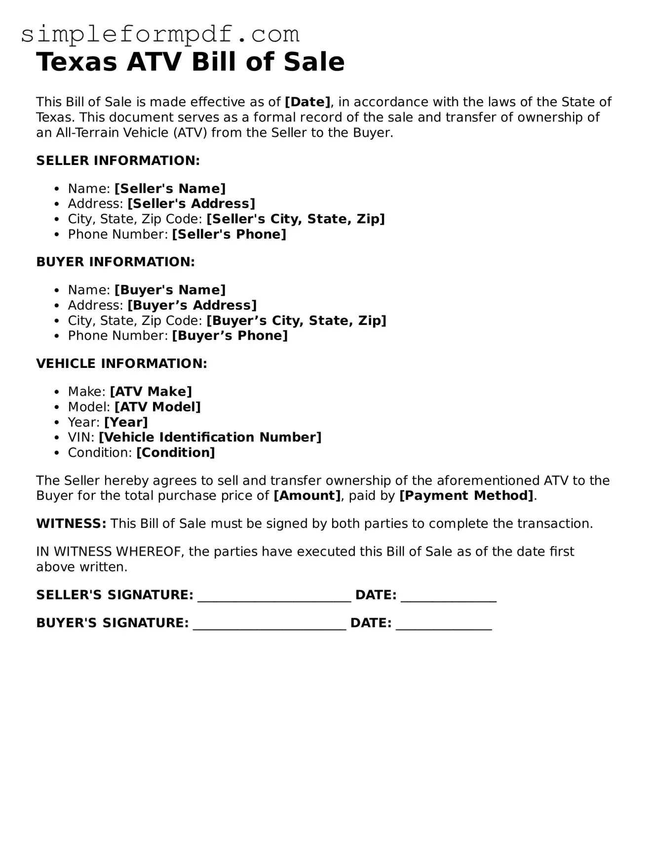 Free ATV Bill of Sale Form for the State of Texas