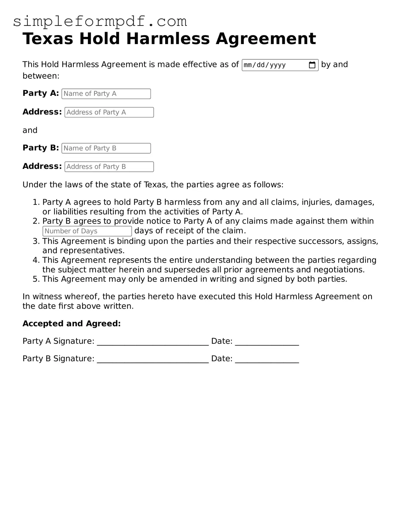 Free Hold Harmless Agreement Form for the State of Texas