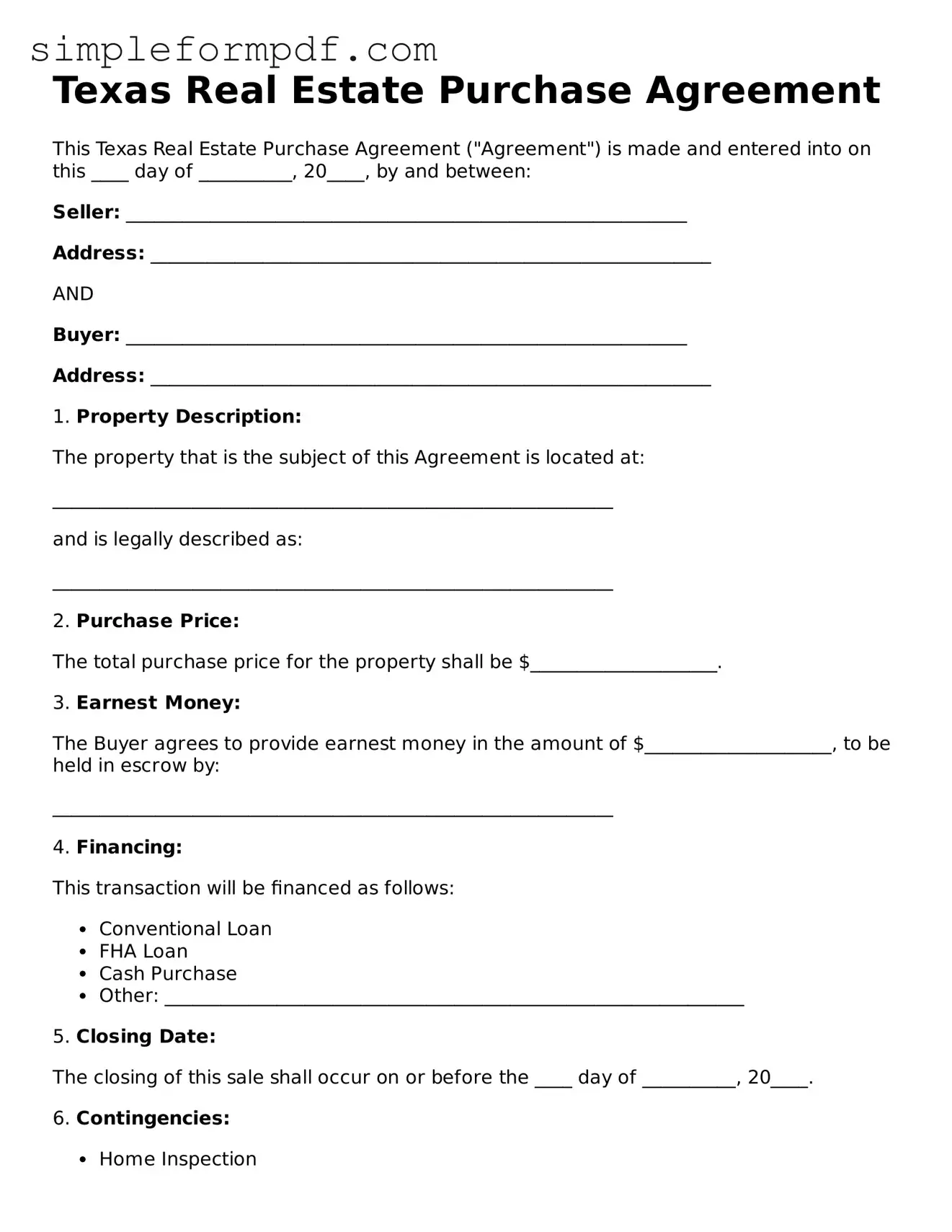 Free Real Estate Purchase Agreement Form for the State of Texas