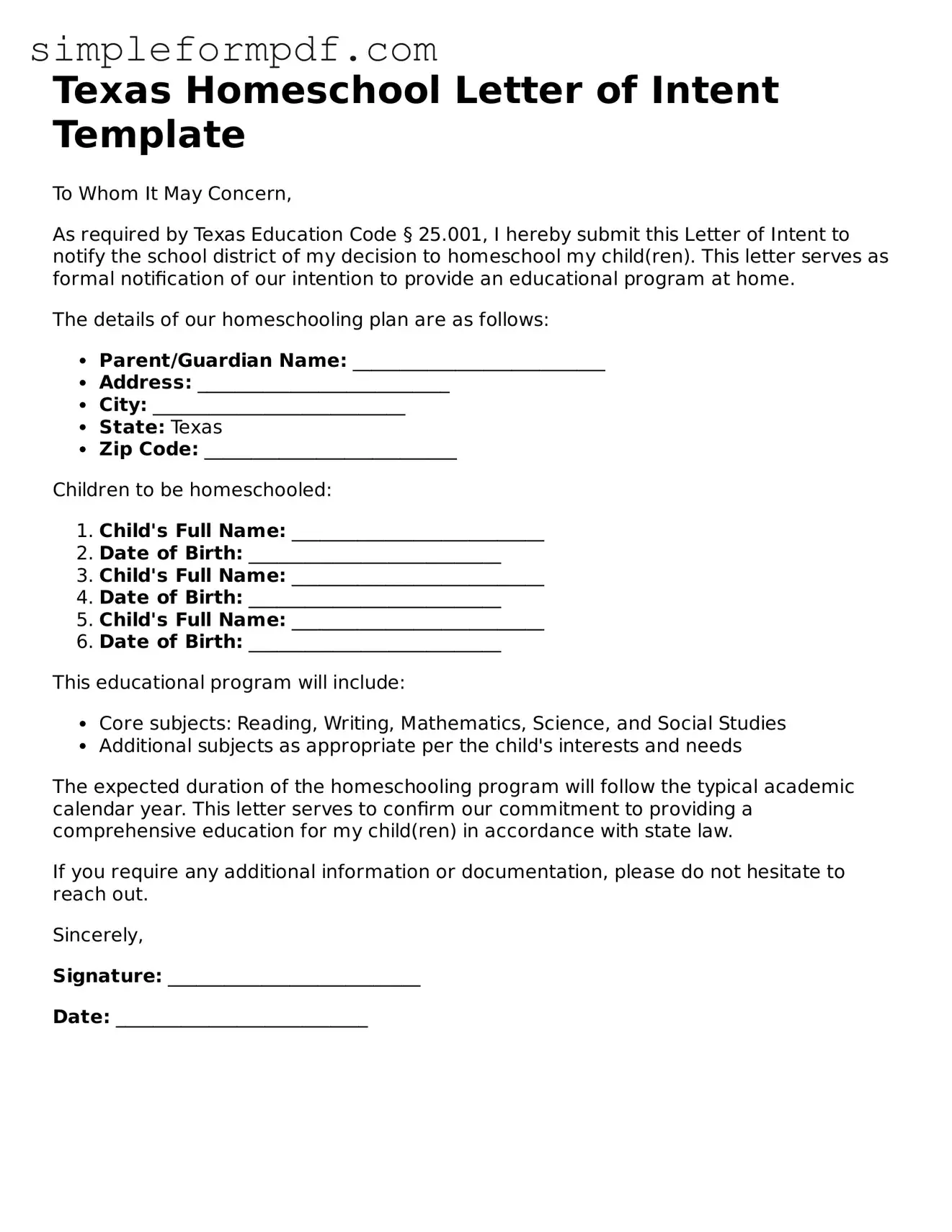 Free Homeschool Letter of Intent Form for the State of Texas