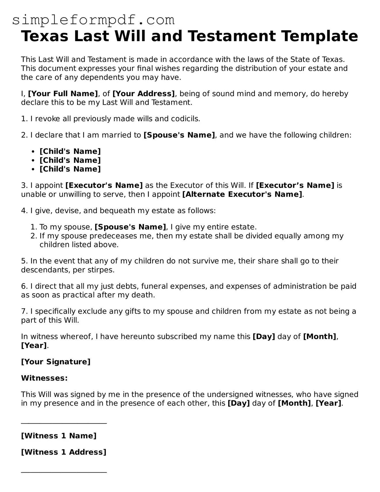 Free Last Will and Testament Form for the State of Texas
