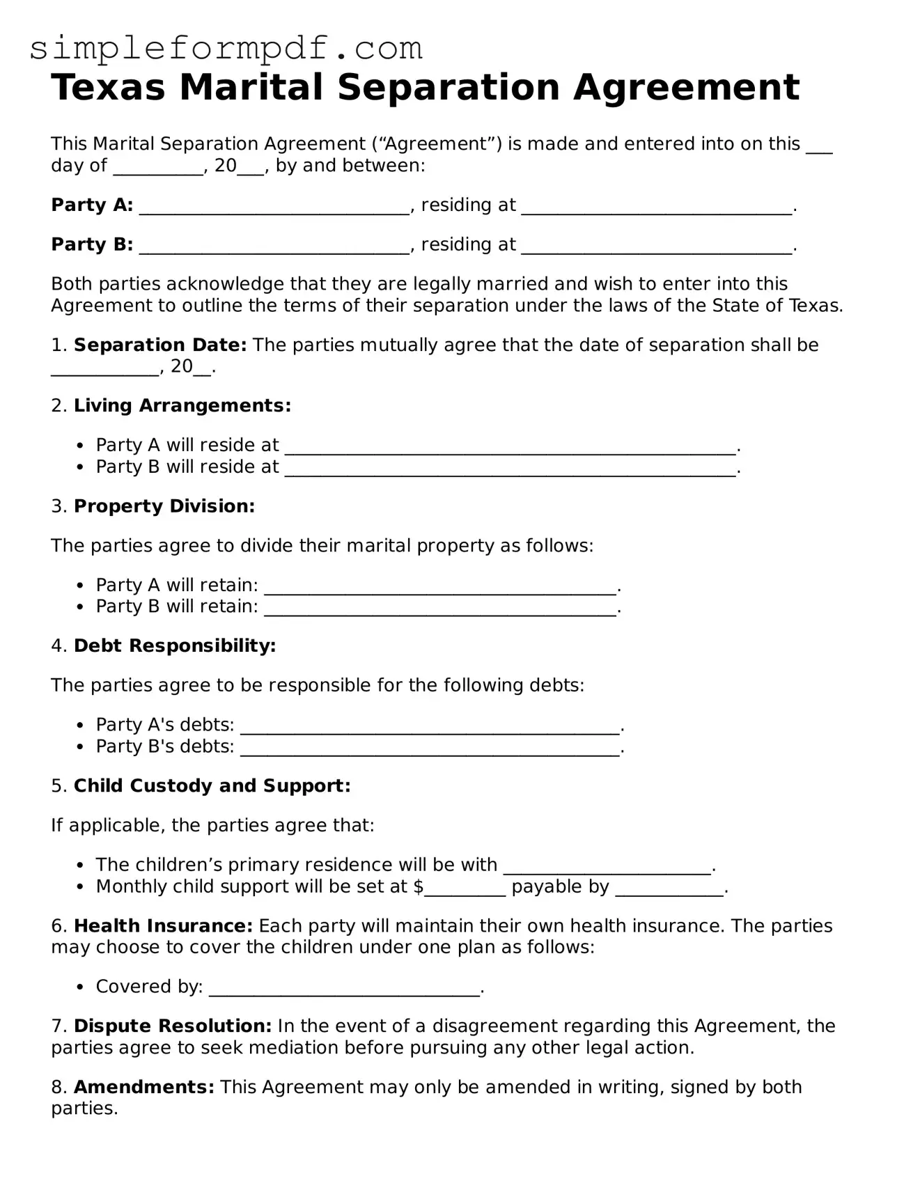 Free Marital Separation Agreement Form for the State of Texas