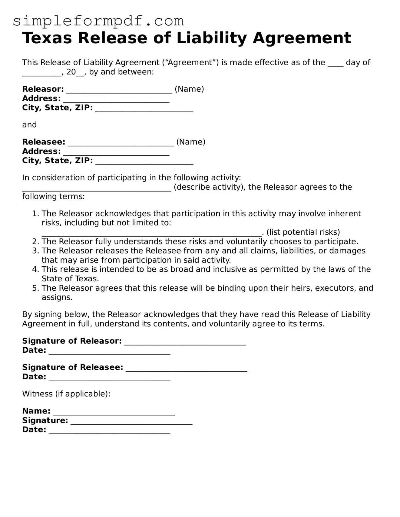 Free Release of Liability Form for the State of Texas