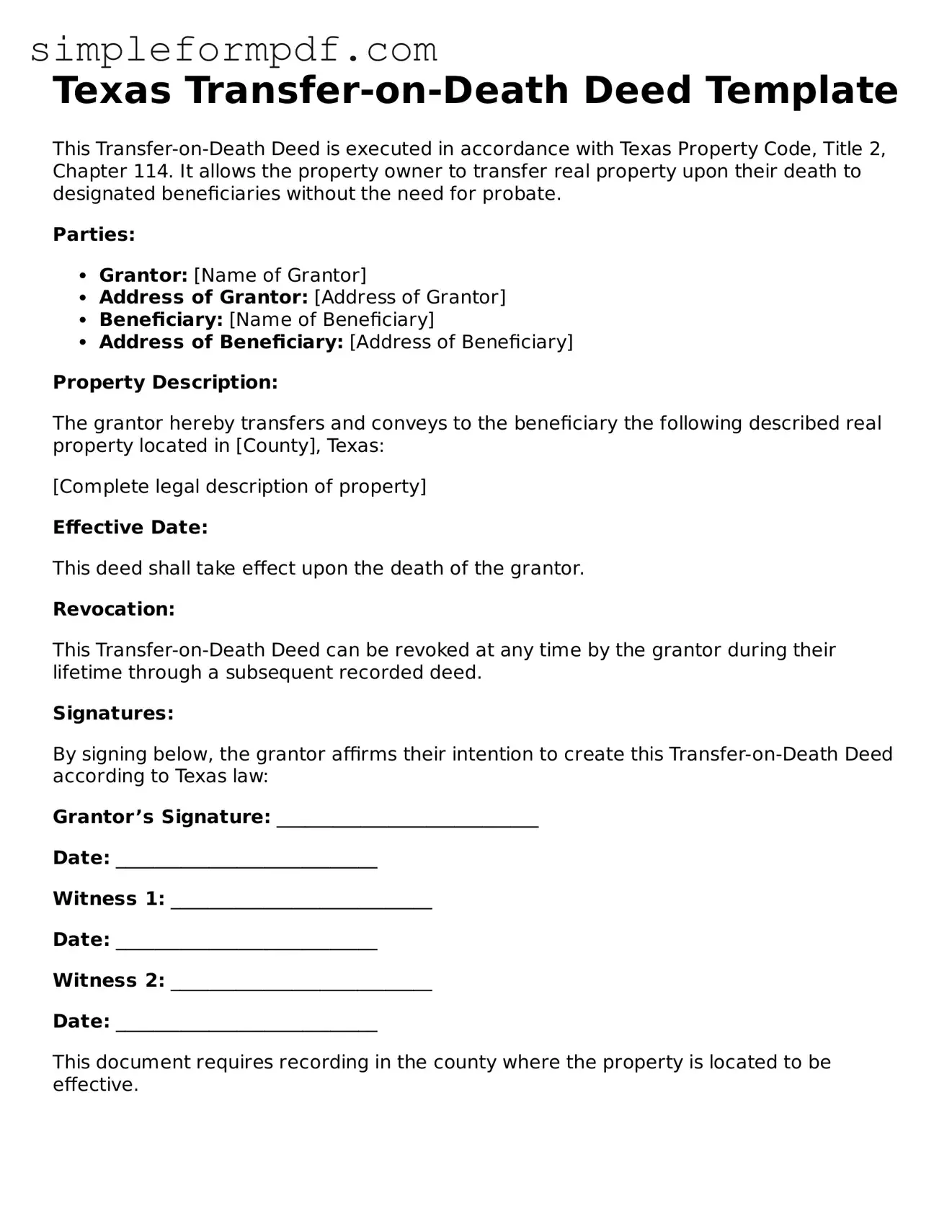 Free Transfer-on-Death Deed Form for the State of Texas