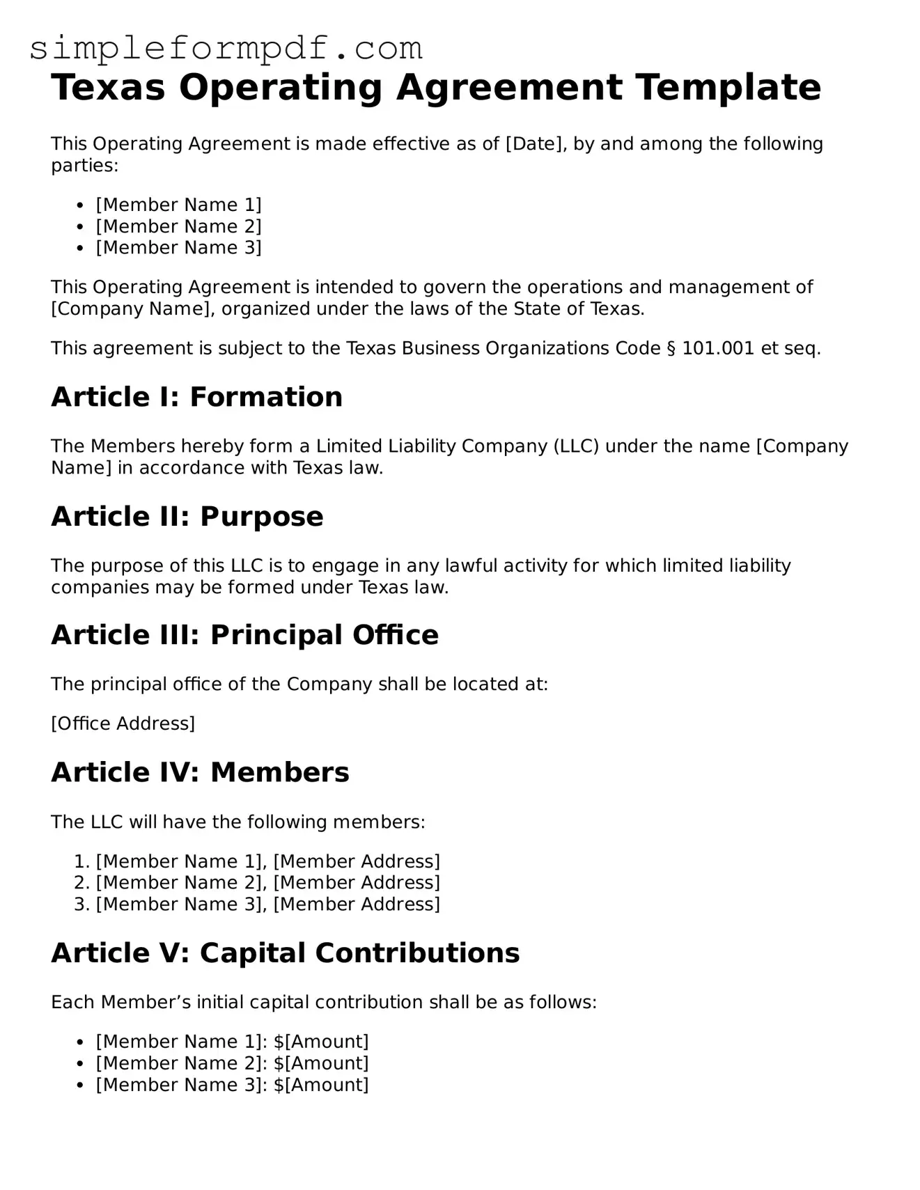 Free Operating Agreement Form for the State of Texas