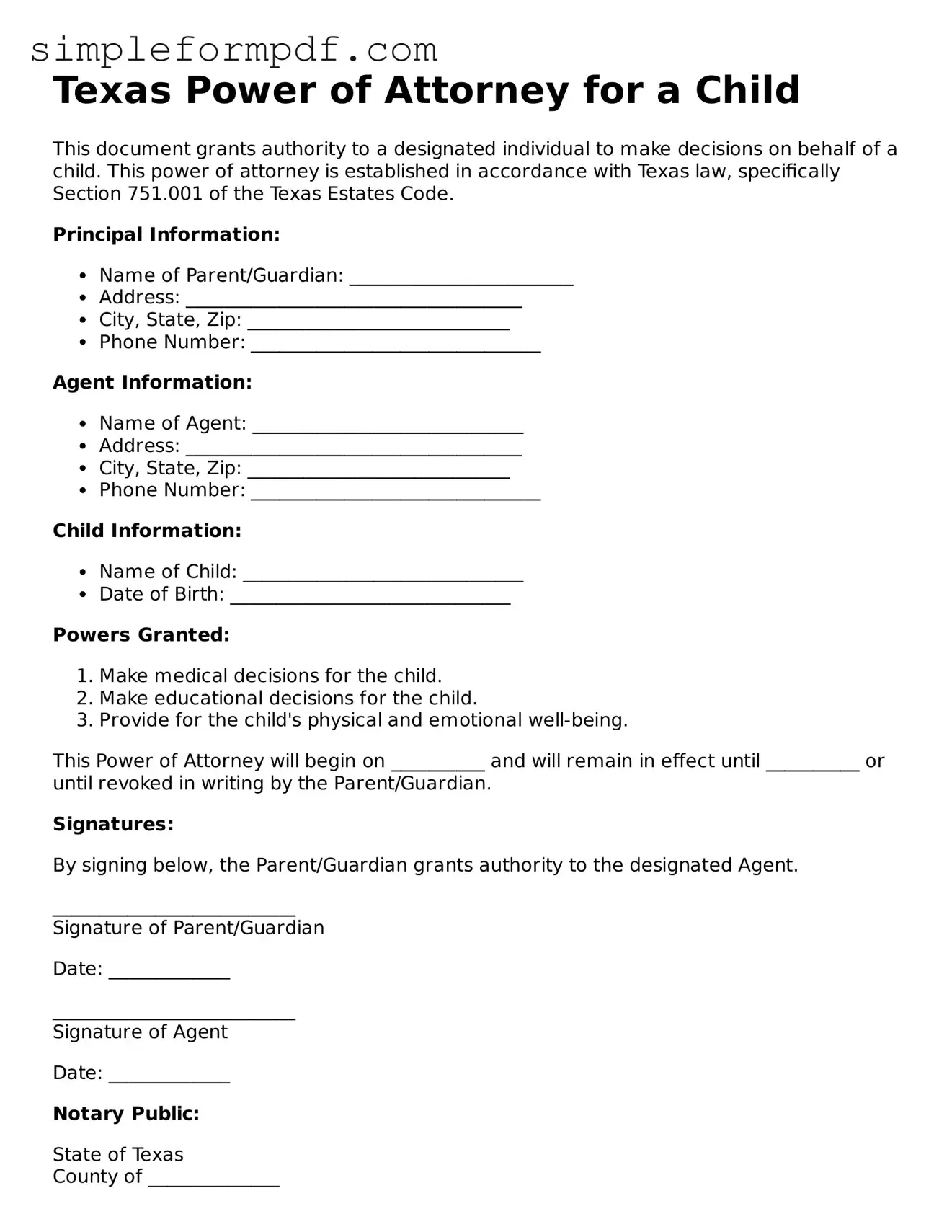 Free Power of Attorney for a Child Form for the State of Texas