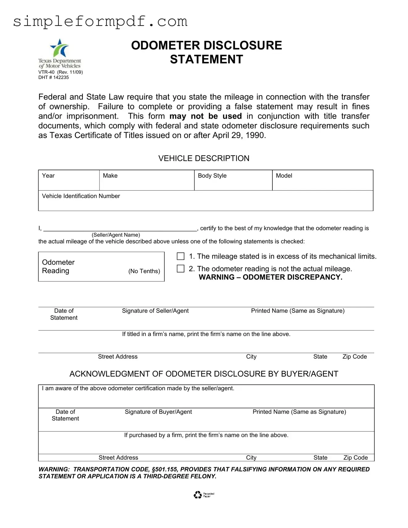 Texas Odometer Statement PDF Form