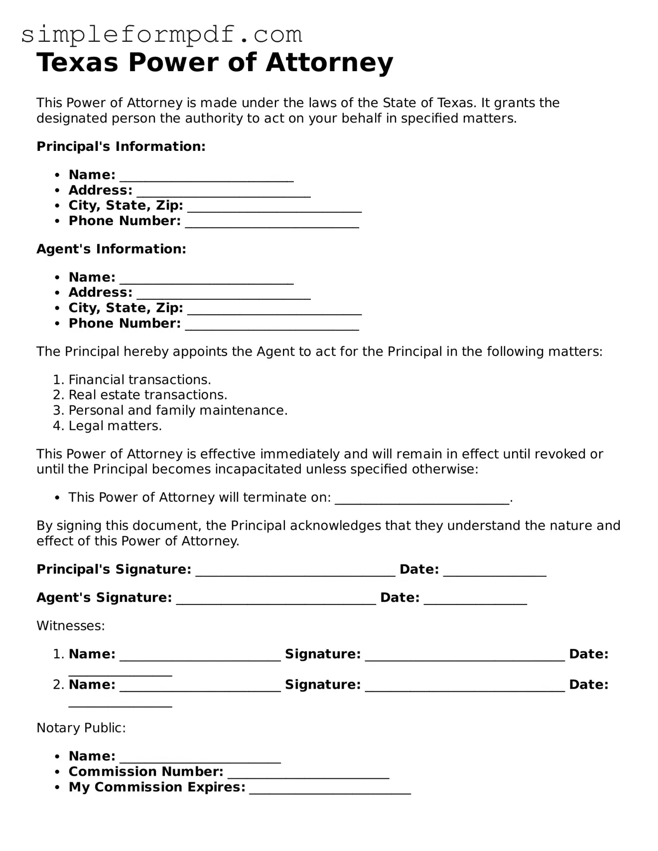 Free Power of Attorney Form for the State of Texas