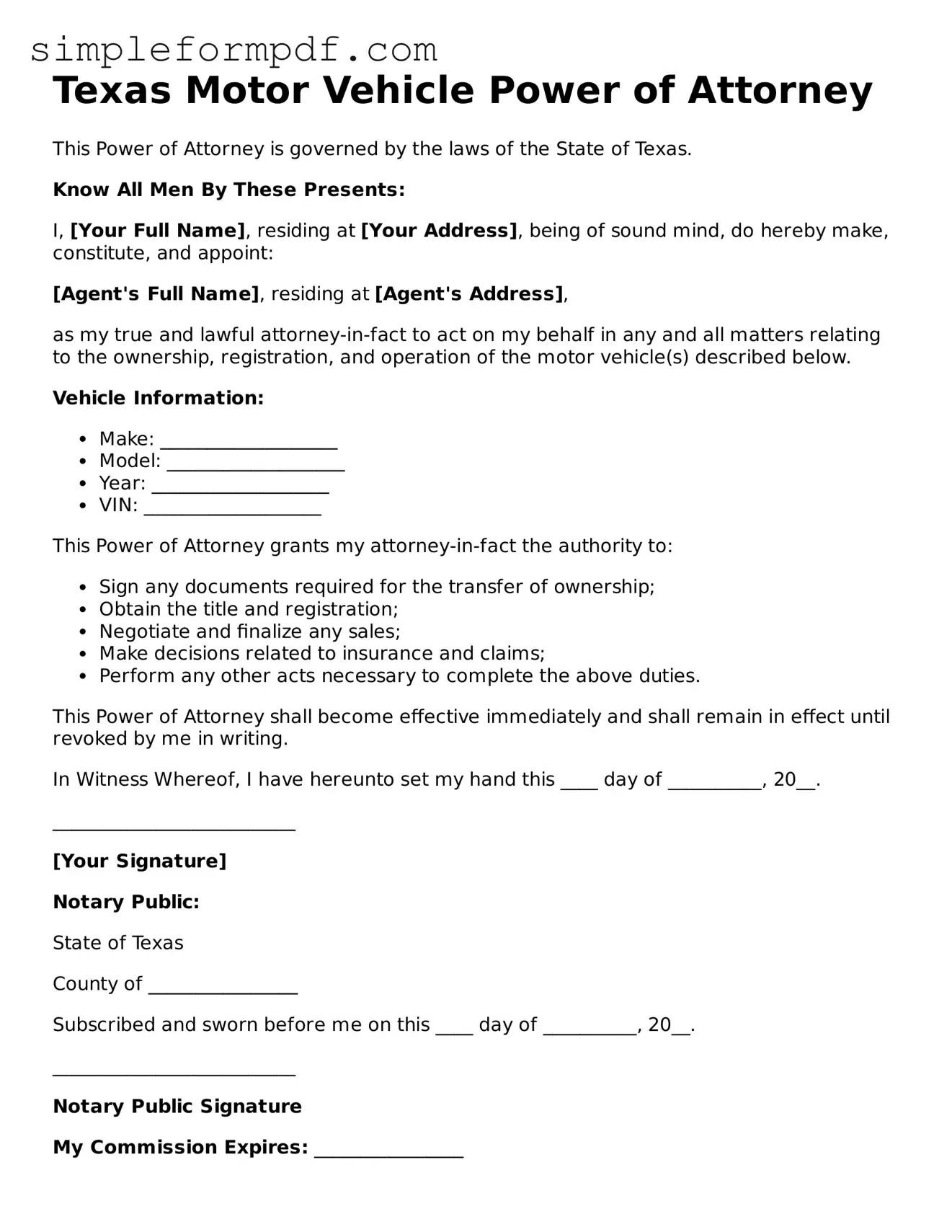 Free Motor Vehicle Power of Attorney Form for the State of Texas