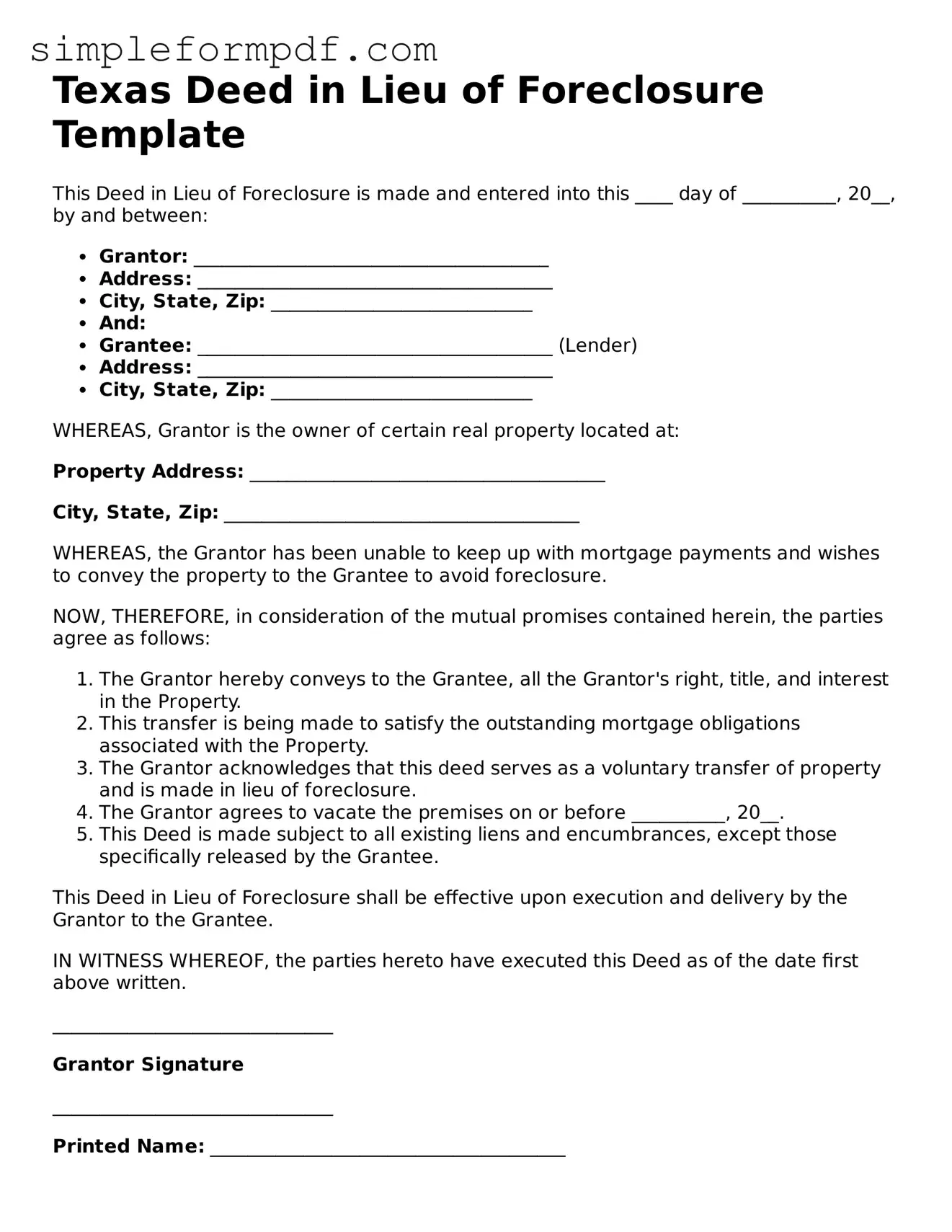 Free Deed in Lieu of Foreclosure Form for the State of Texas