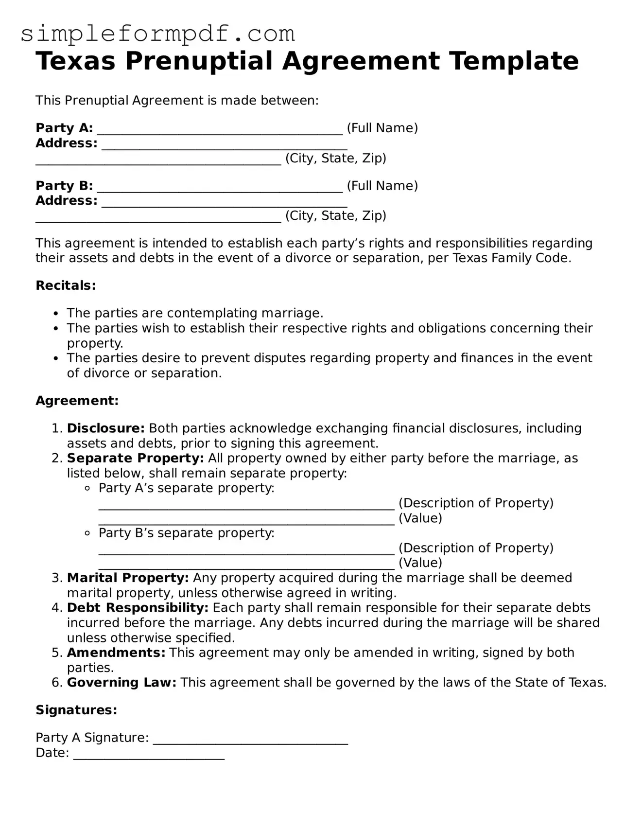 Free Prenuptial Agreement Form for the State of Texas