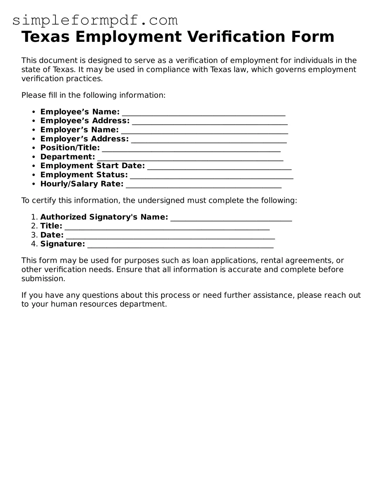 Free Employment Verification Form for the State of Texas