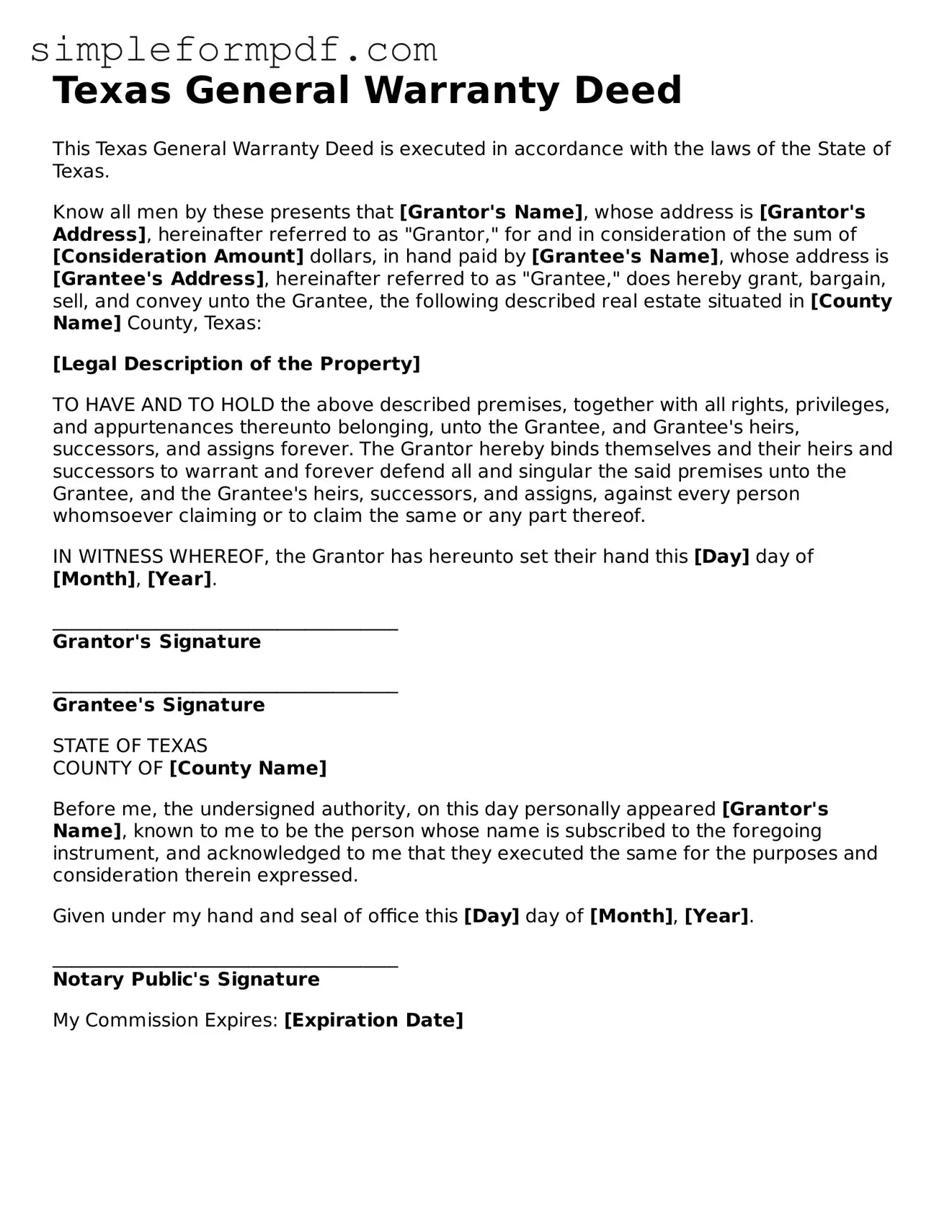 Free Deed Form for the State of Texas