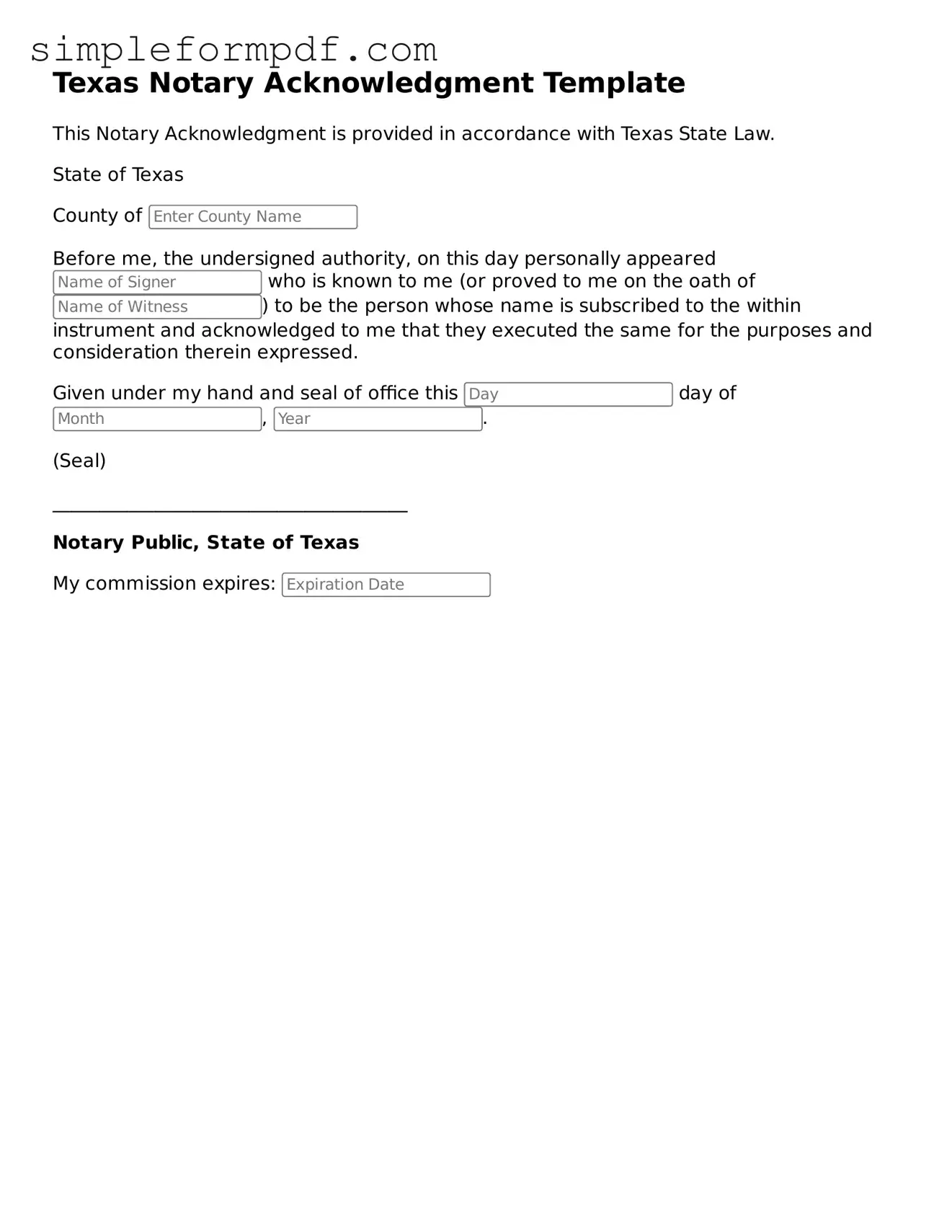 Free Notary Acknowledgement Form for the State of Texas