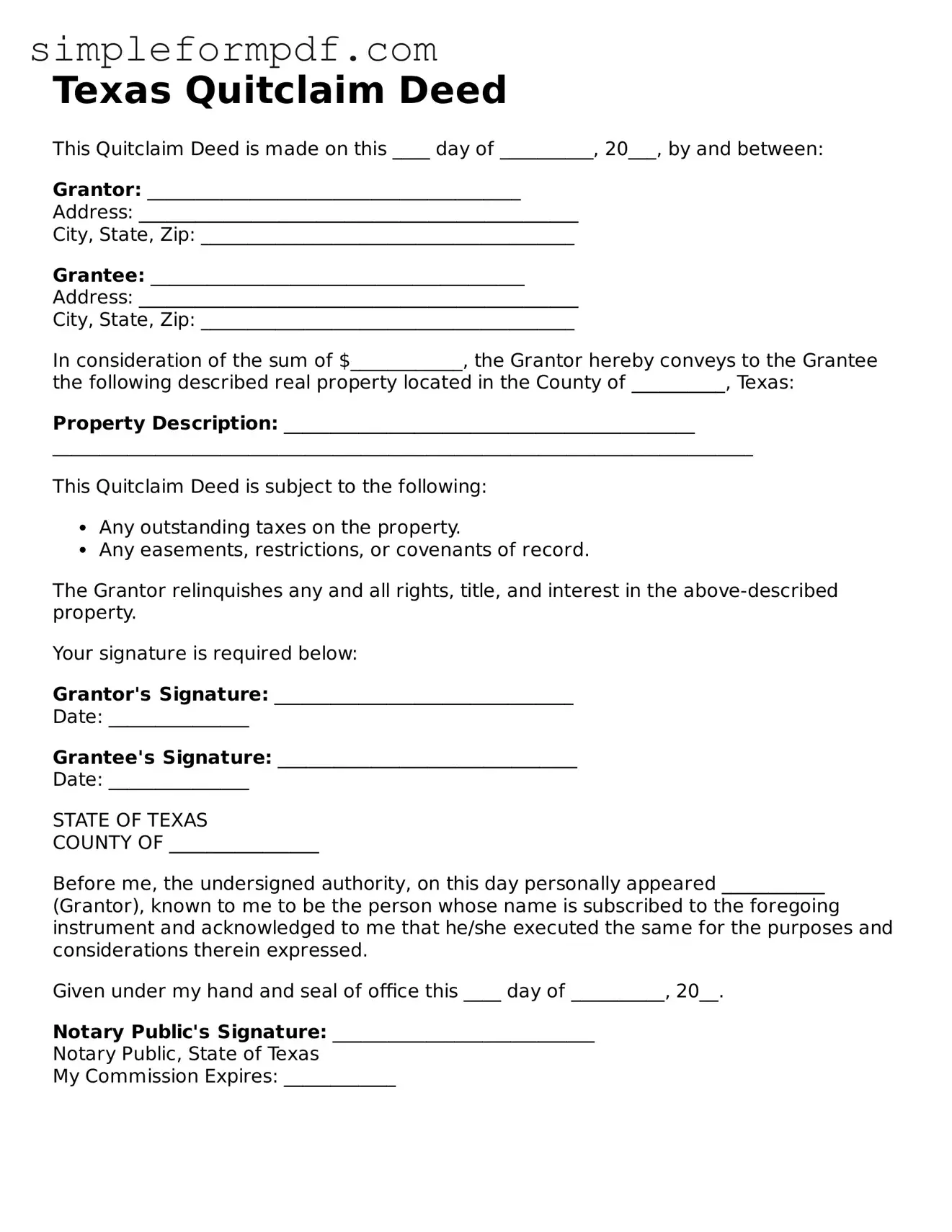 Free Quitclaim Deed Form for the State of Texas