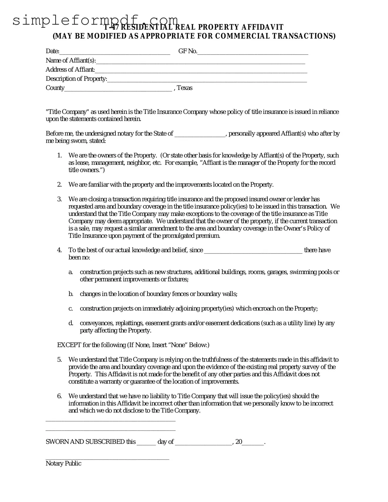 Texas residential property affidavit T-47 PDF Form