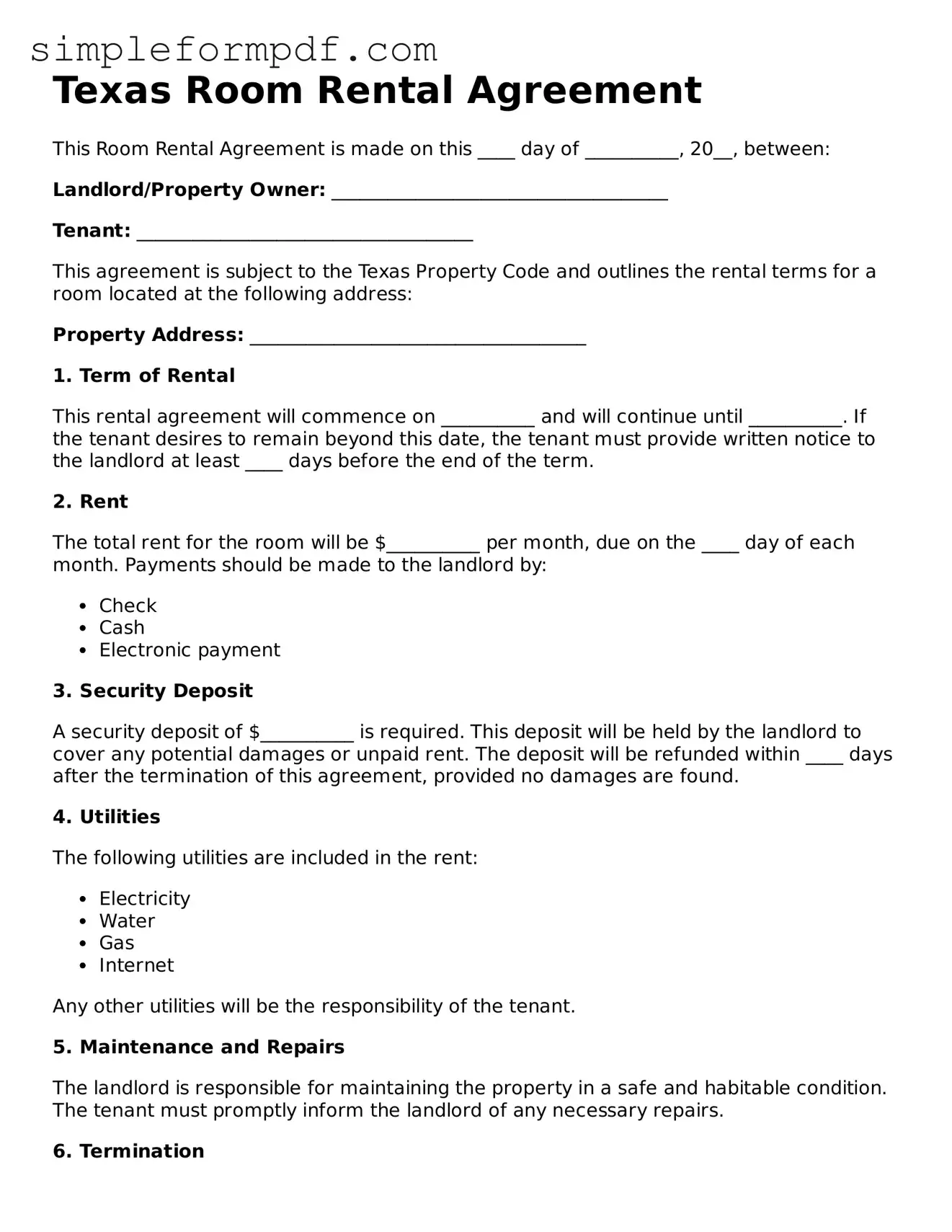 Free Room Rental Agreement Form for the State of Texas