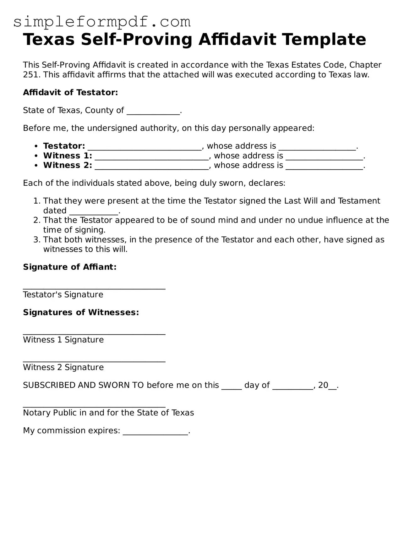 Free Self-Proving Affidavit Form for the State of Texas