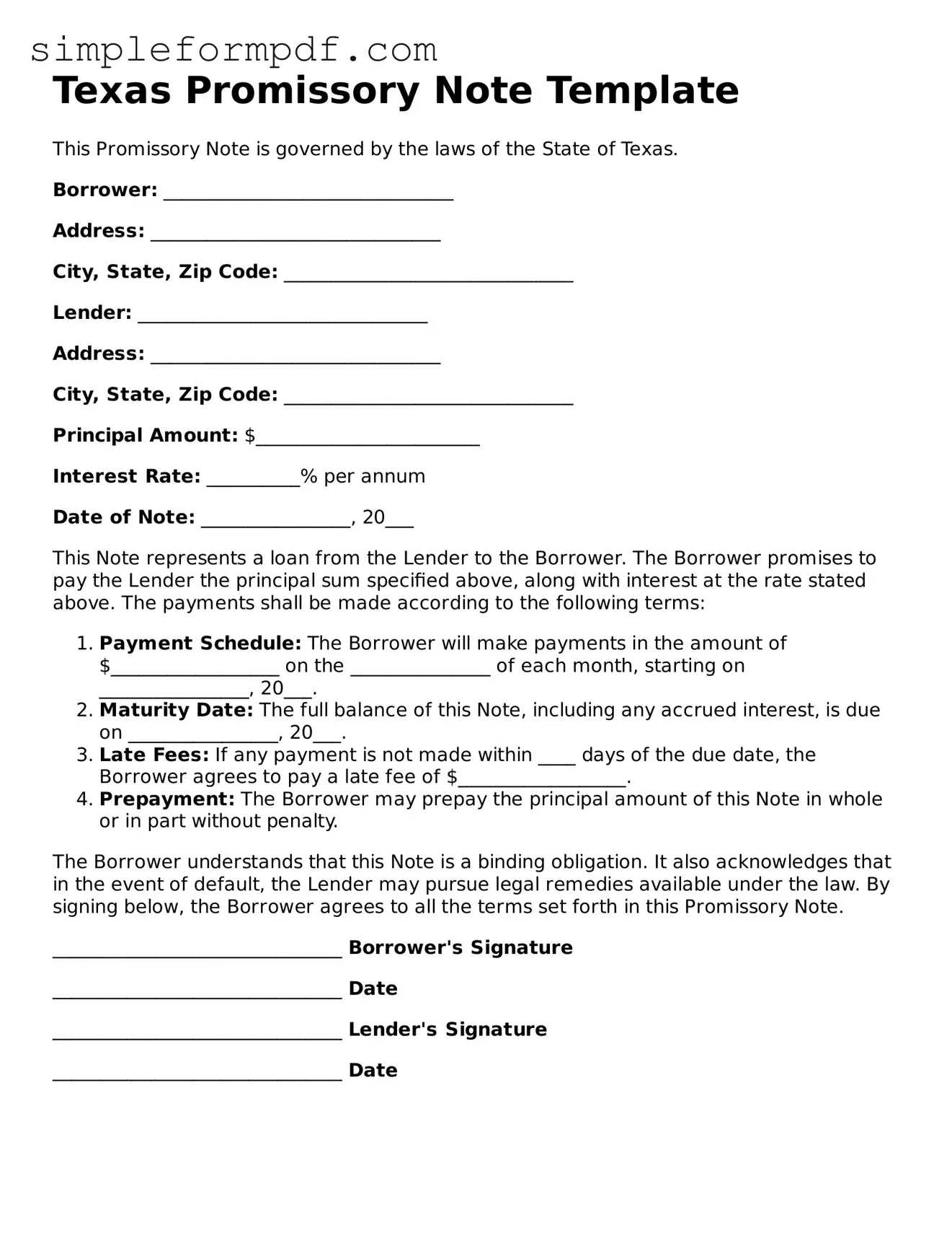 Free Promissory Note Form for the State of Texas