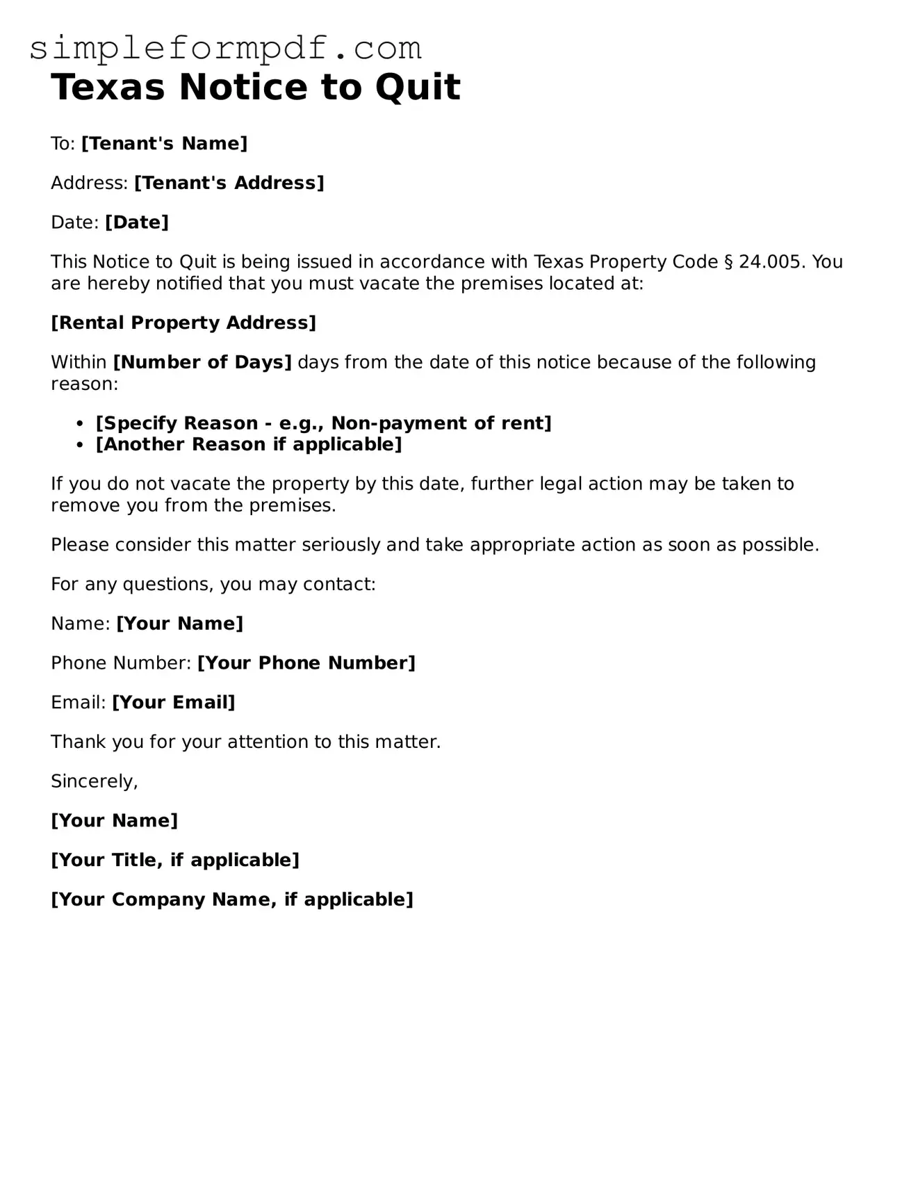Free Notice to Quit Form for the State of Texas
