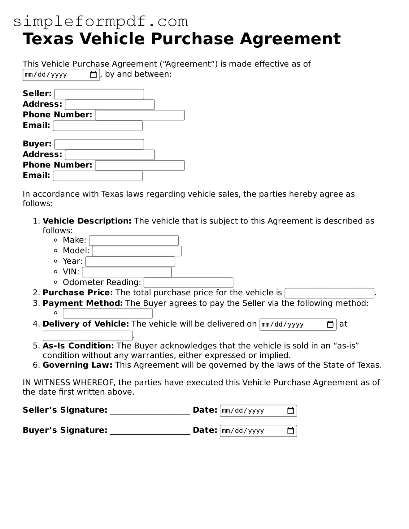 Free Vehicle Purchase Agreement Form for the State of Texas