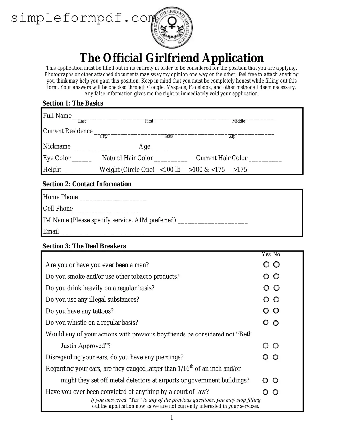 Girlfriend Application PDF Form