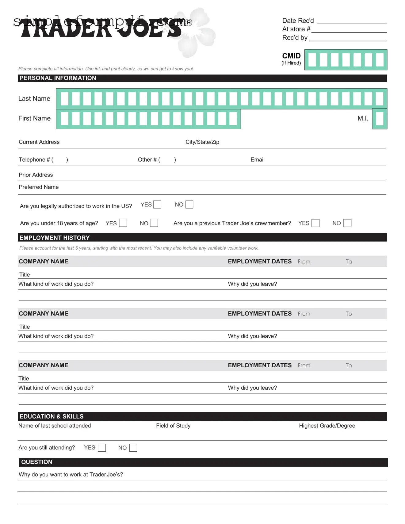 Trader Joe's application PDF Form