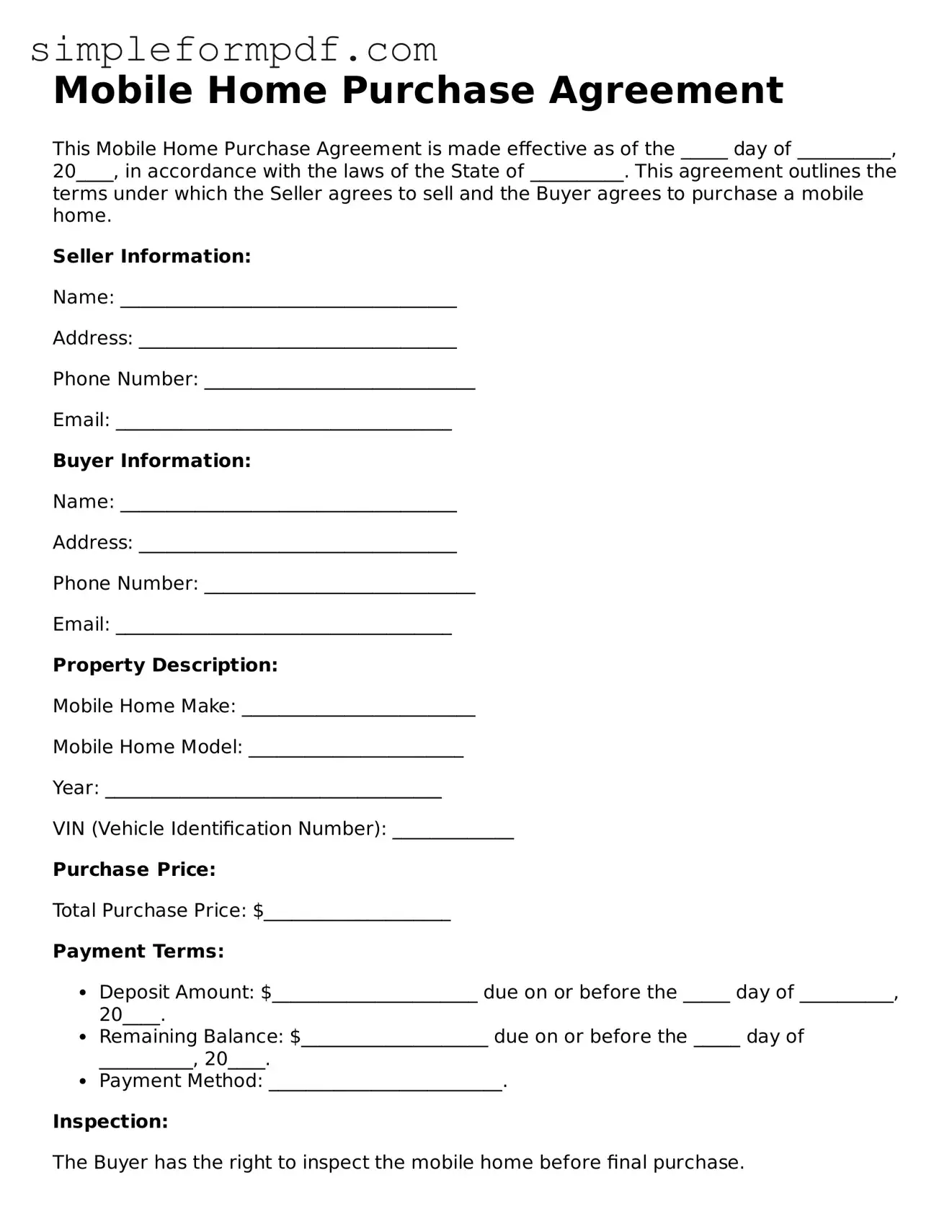 Fillable Mobile Home Purchase Agreement Template
