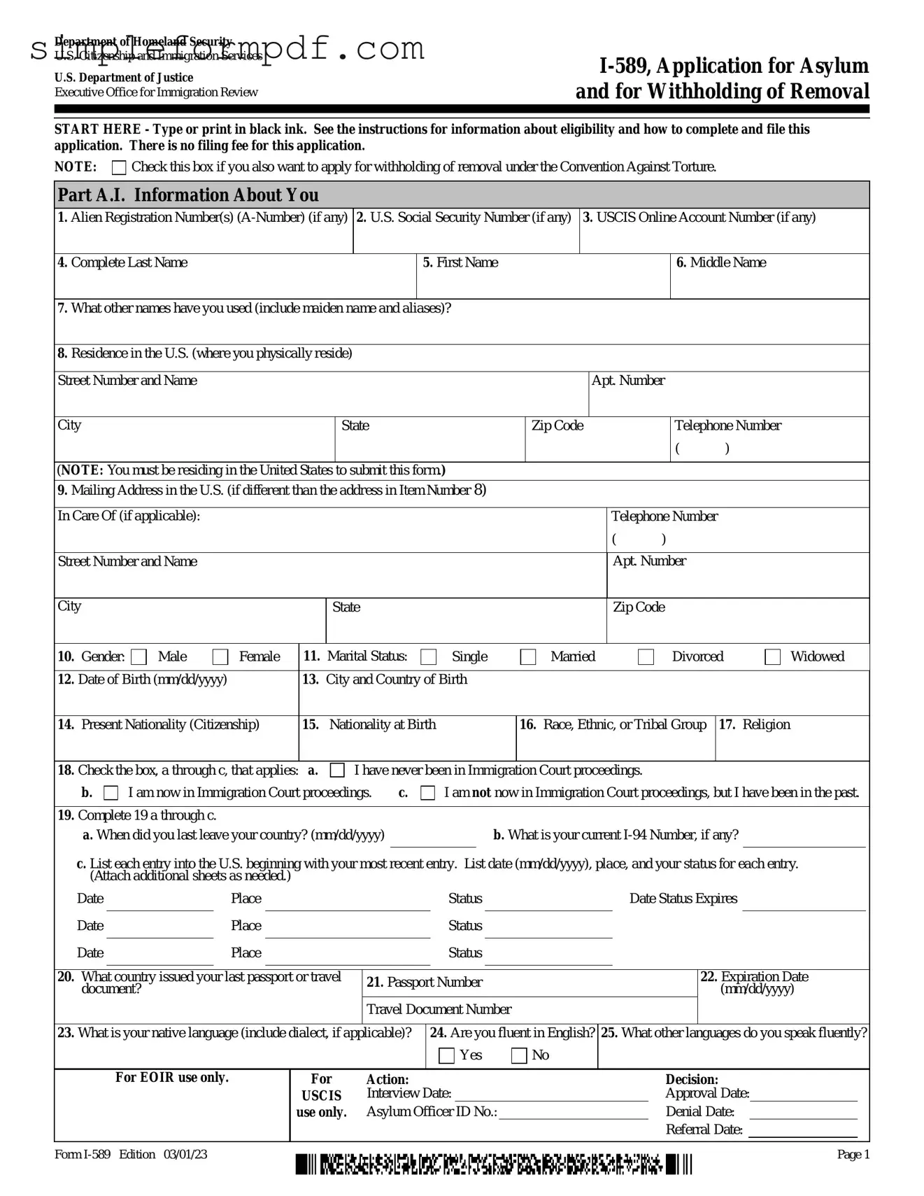USCIS I-589 PDF Form