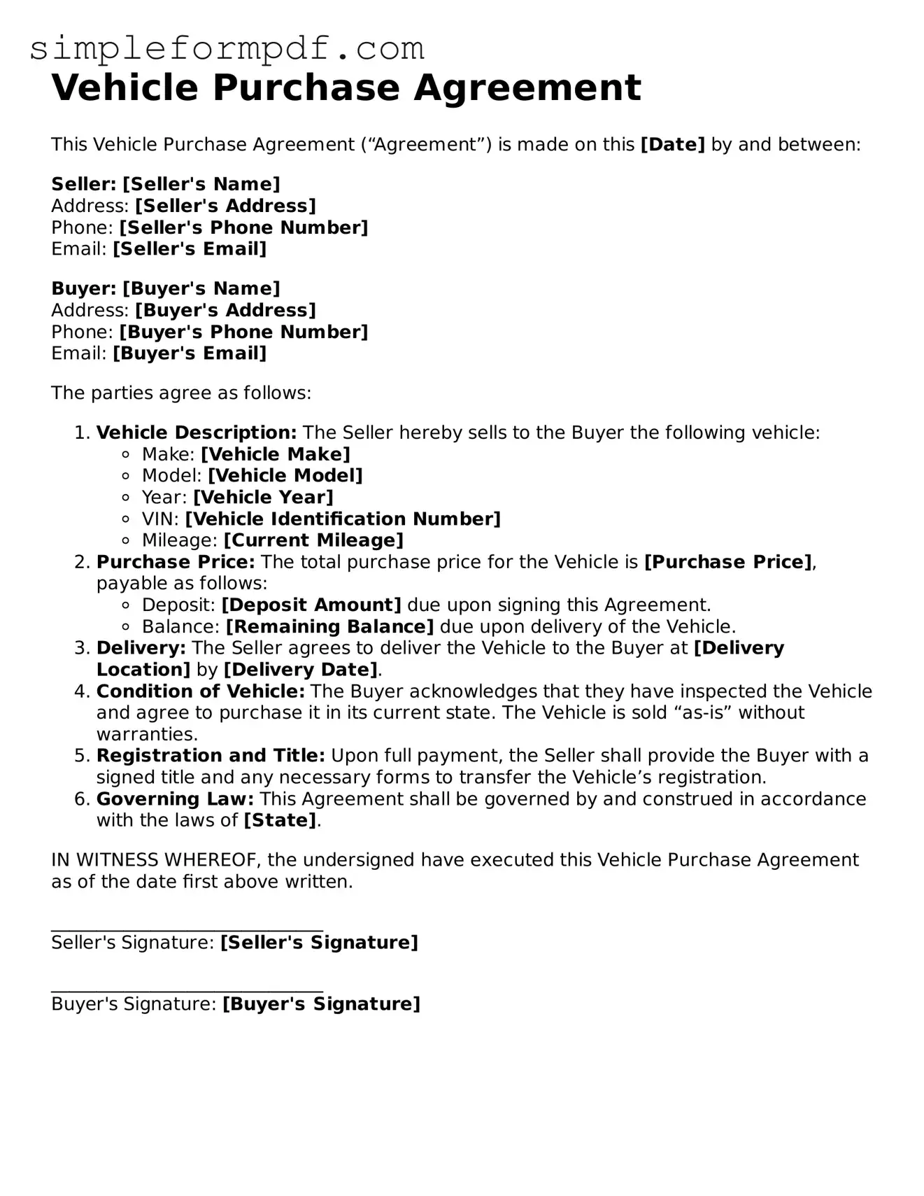 Fillable Vehicle Purchase Agreement Template