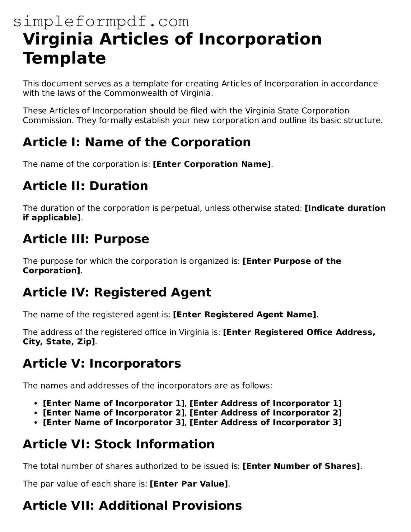 Free Articles of Incorporation Form for the State of Virginia