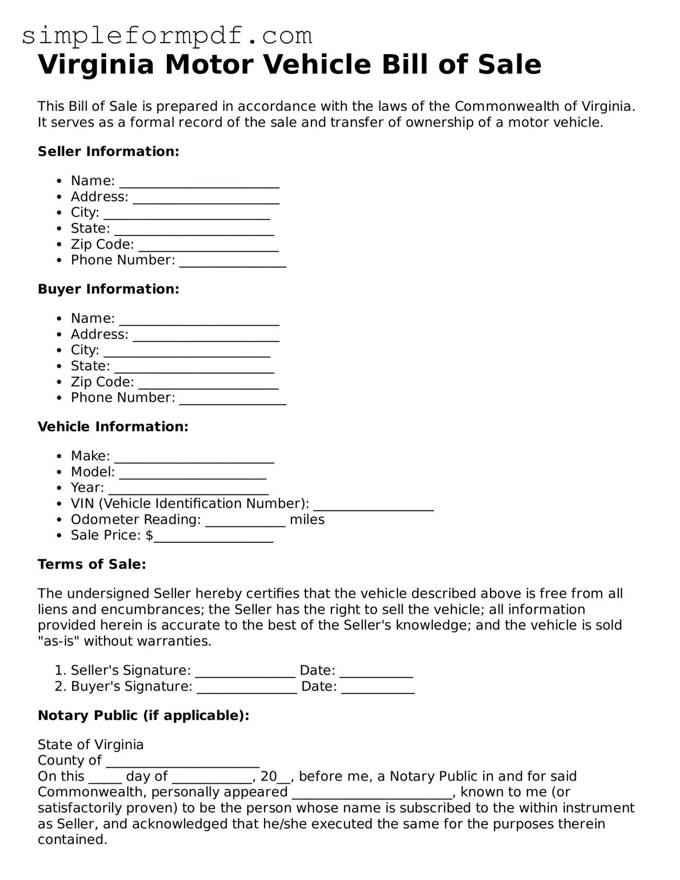 Free Motor Vehicle Bill of Sale Form for the State of Virginia