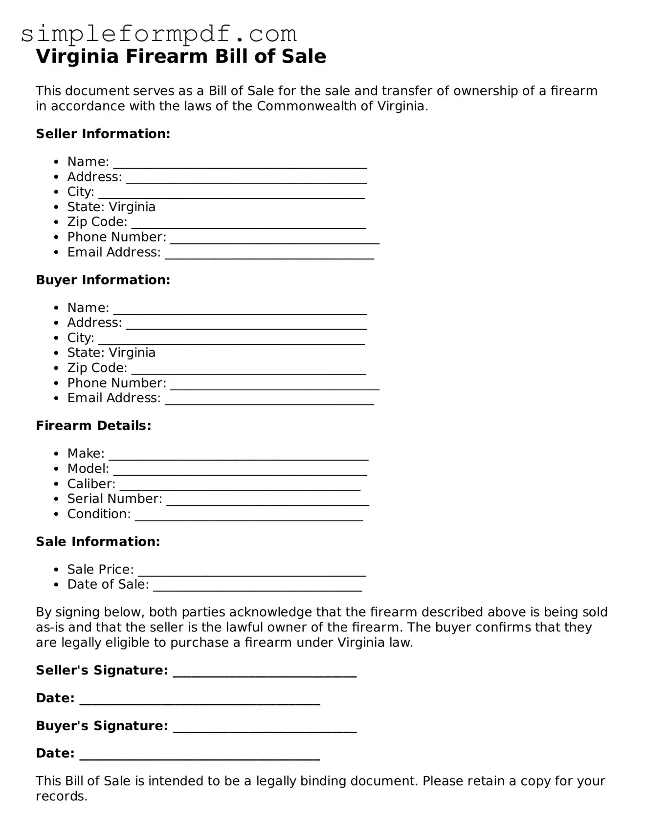 Free Firearm Bill of Sale Form for the State of Virginia