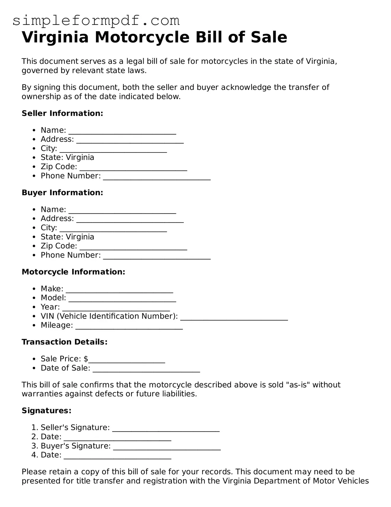 Free Motorcycle Bill of Sale Form for the State of Virginia