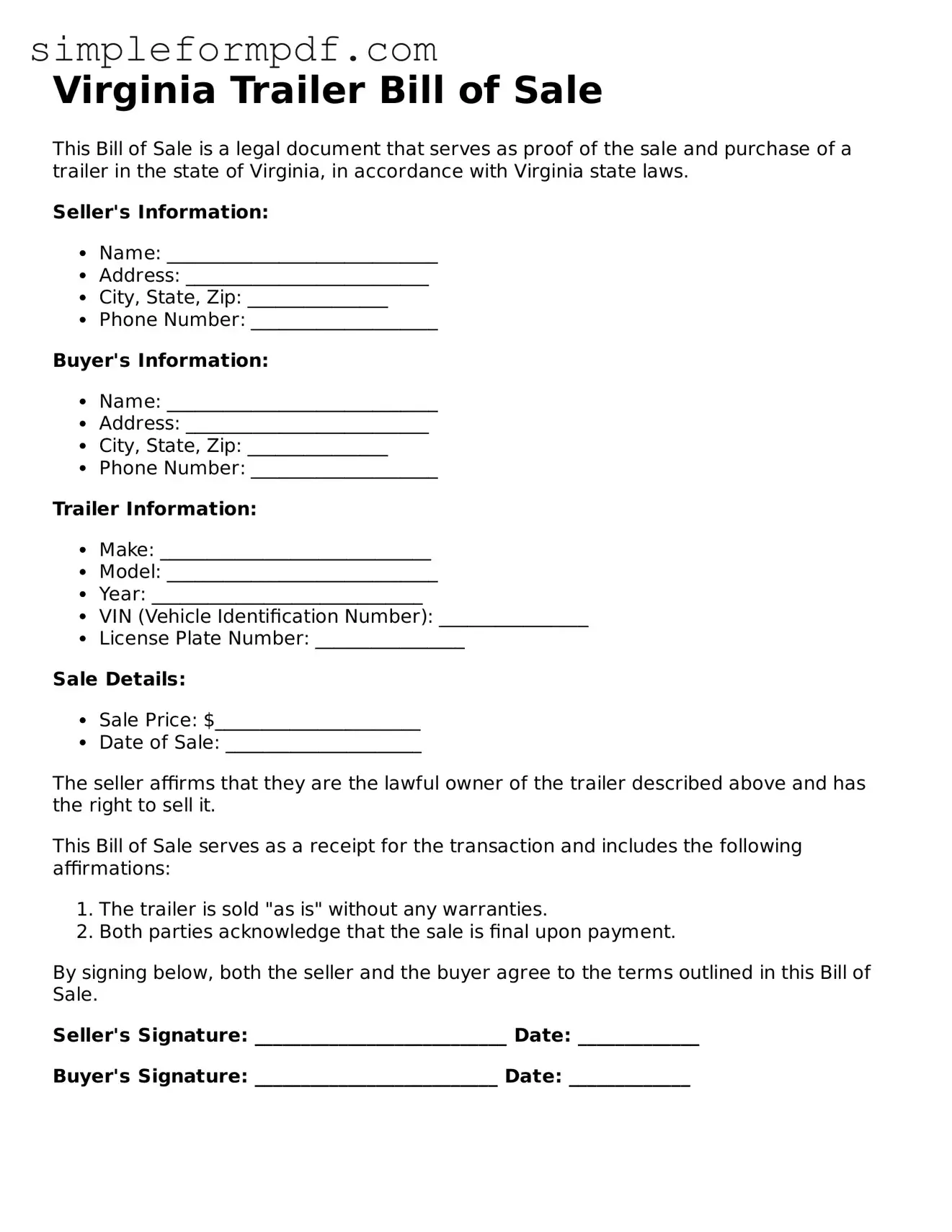 Free Trailer Bill of Sale Form for the State of Virginia