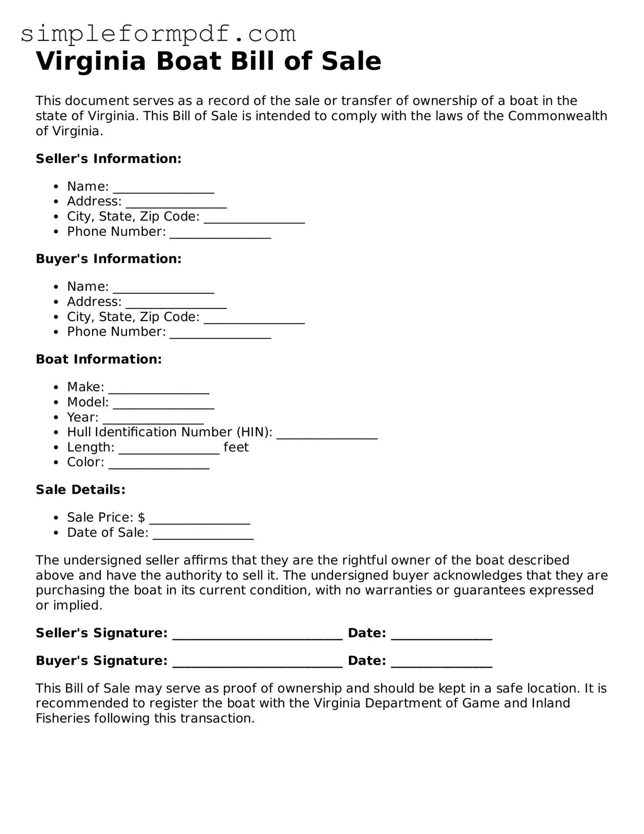 Free Boat Bill of Sale Form for the State of Virginia
