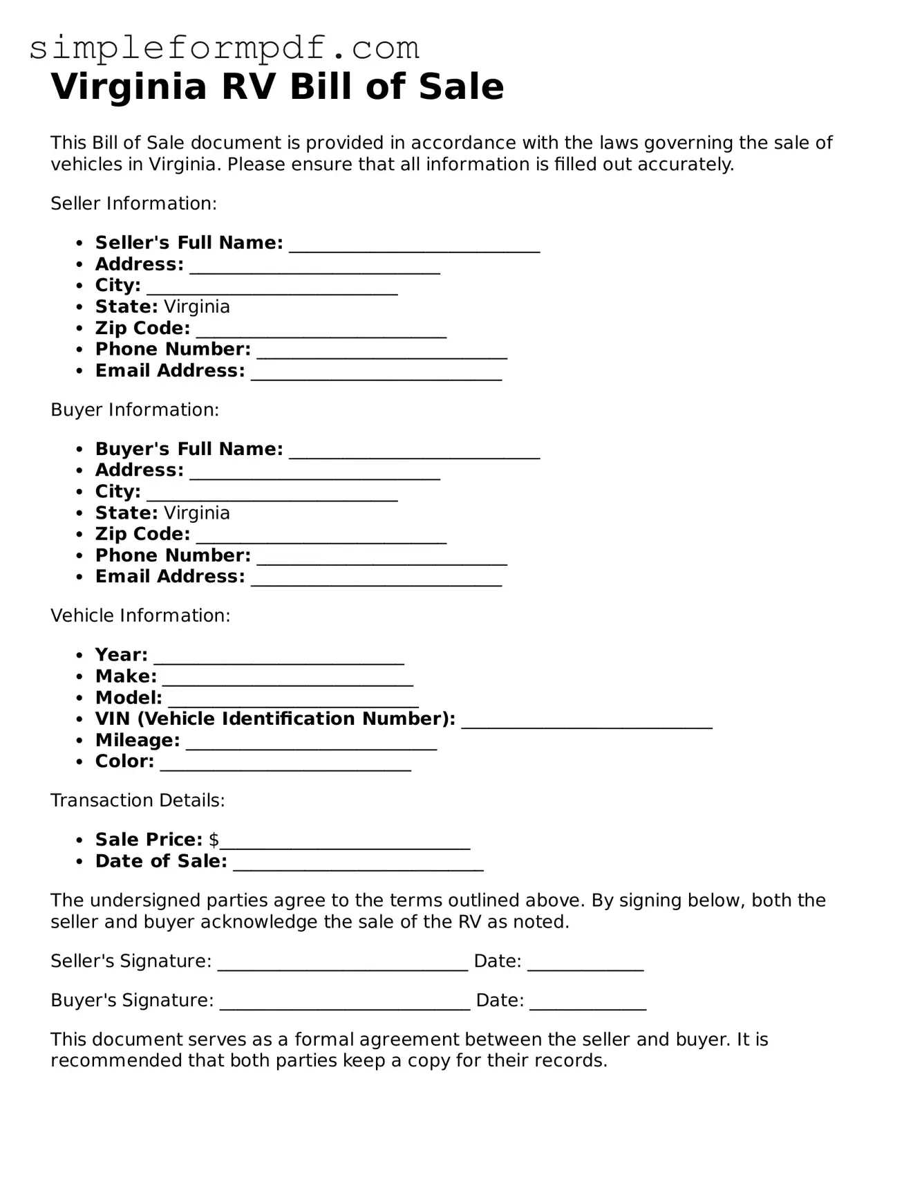 Free RV Bill of Sale Form for the State of Virginia