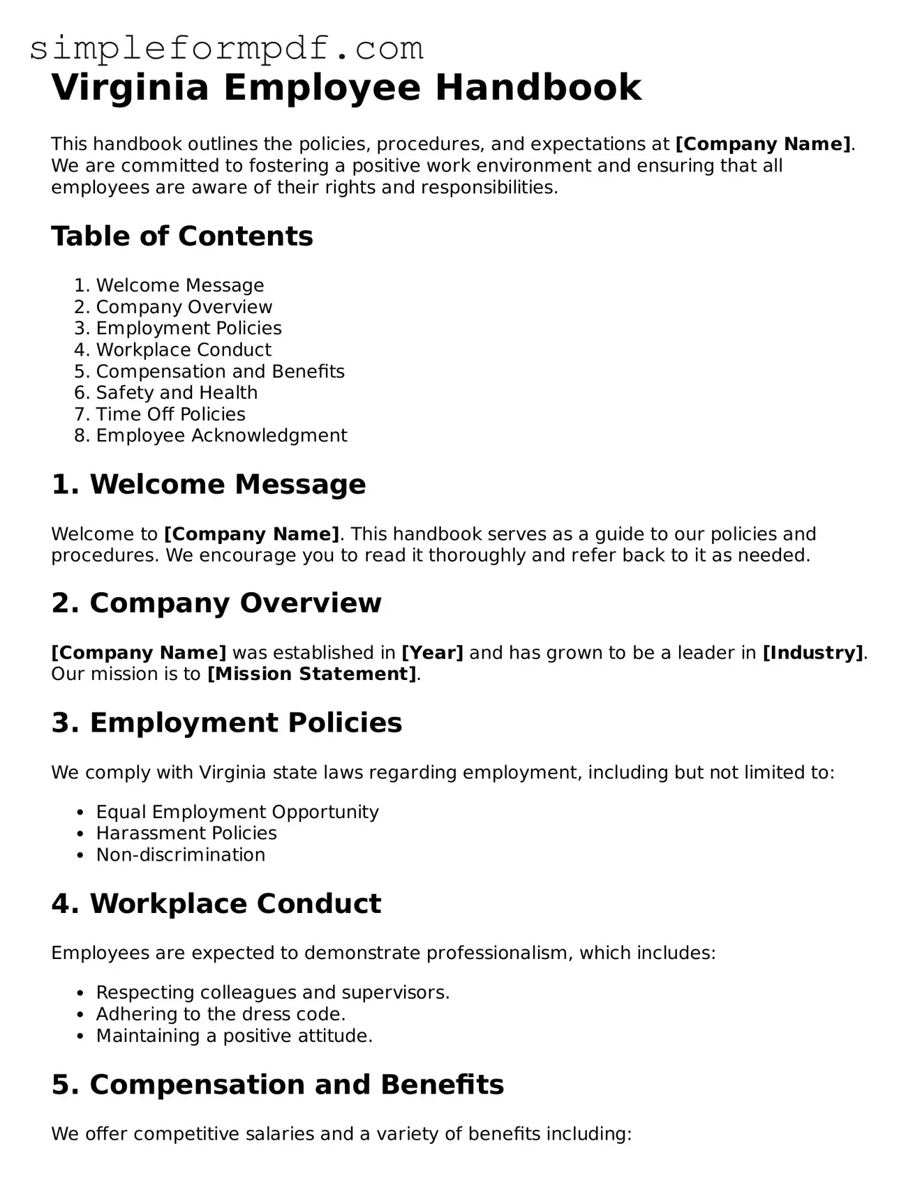 Free Employee Handbook Form for the State of Virginia