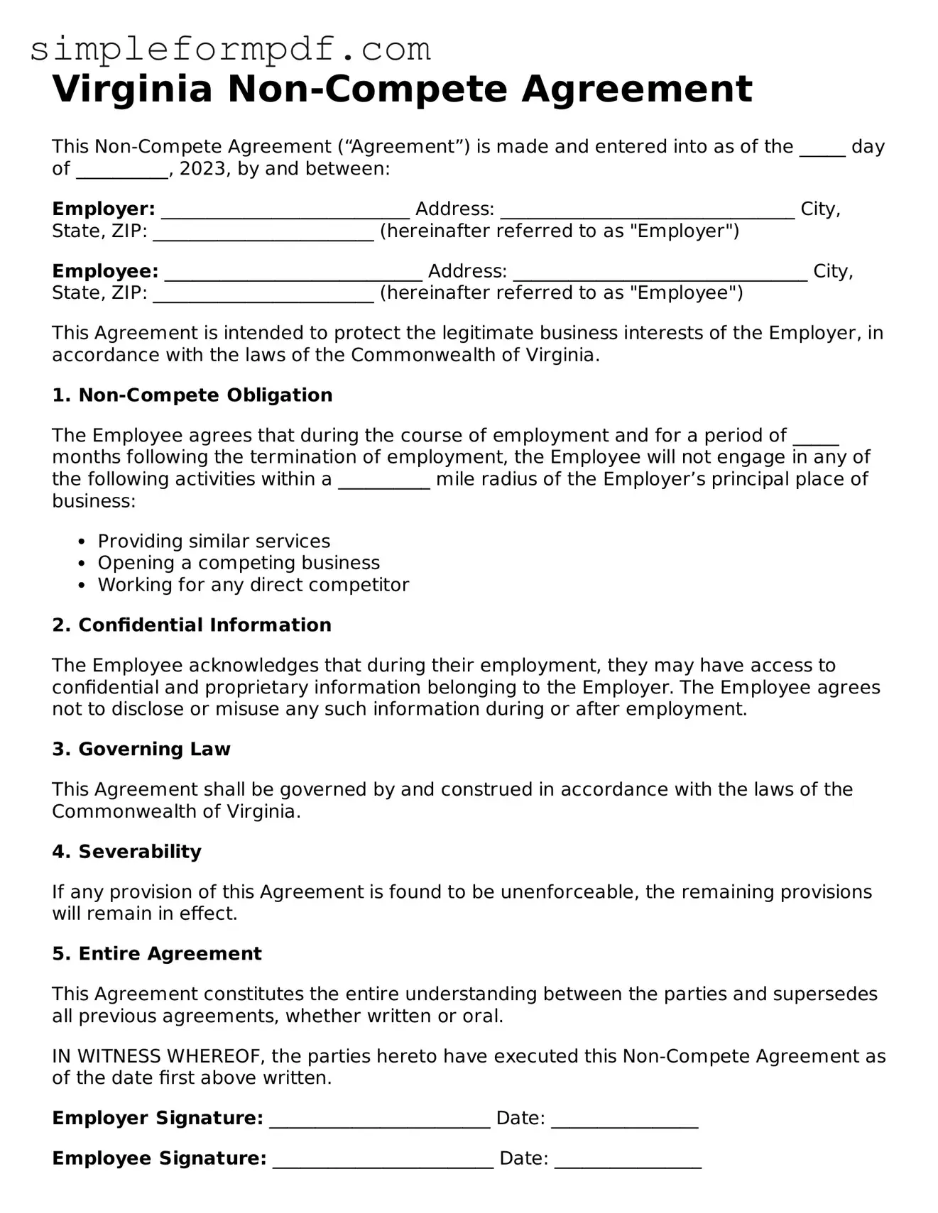 Free Non-compete Agreement Form for the State of Virginia