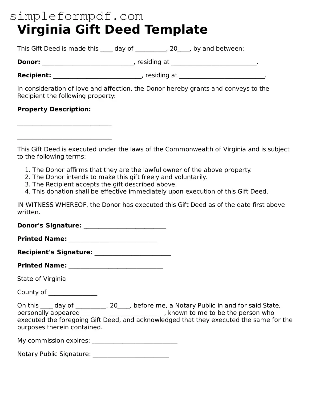 Free Gift Deed Form for the State of Virginia
