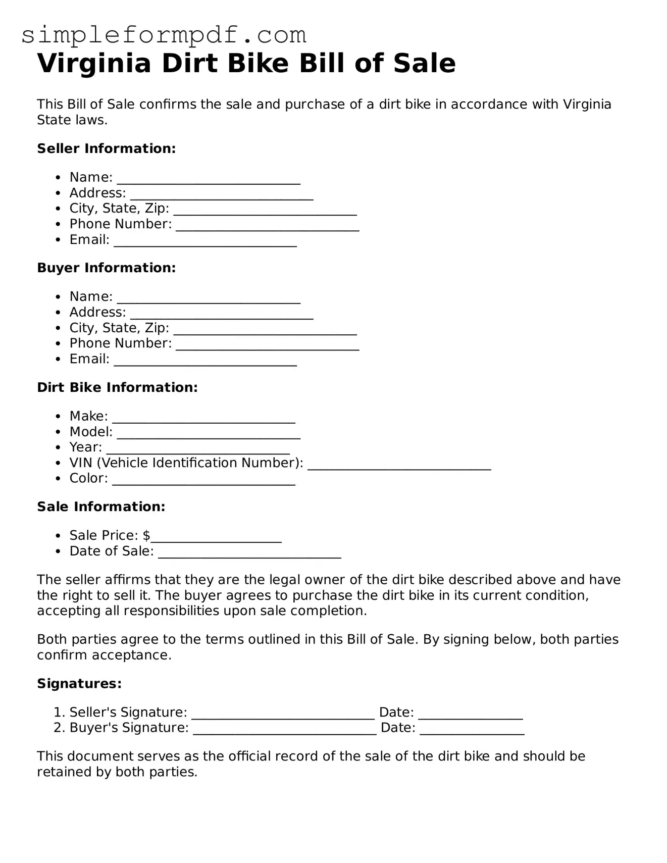 Free Dirt Bike Bill of Sale Form for the State of Virginia