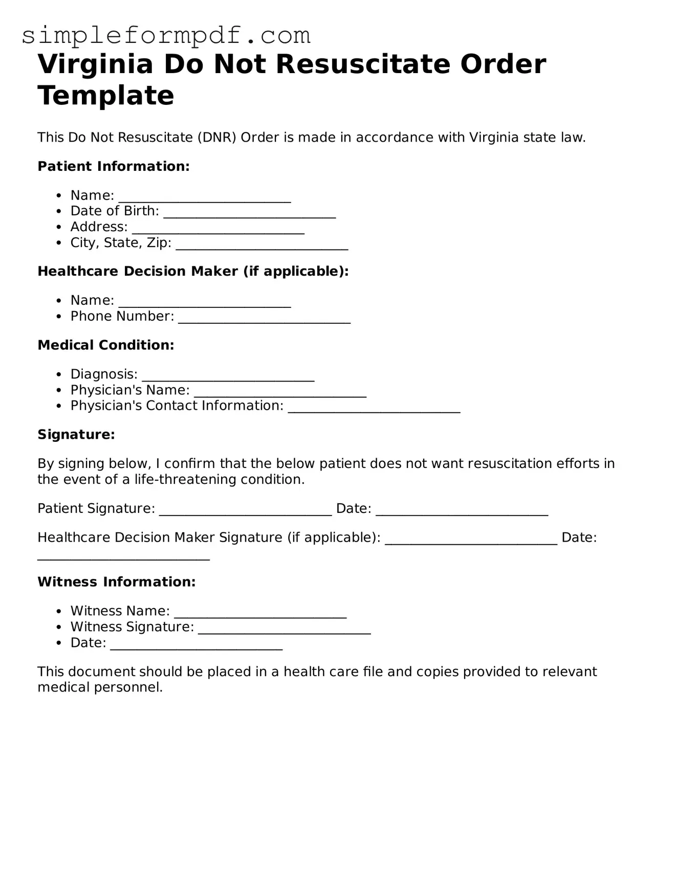 Free Do Not Resuscitate Order Form for the State of Virginia